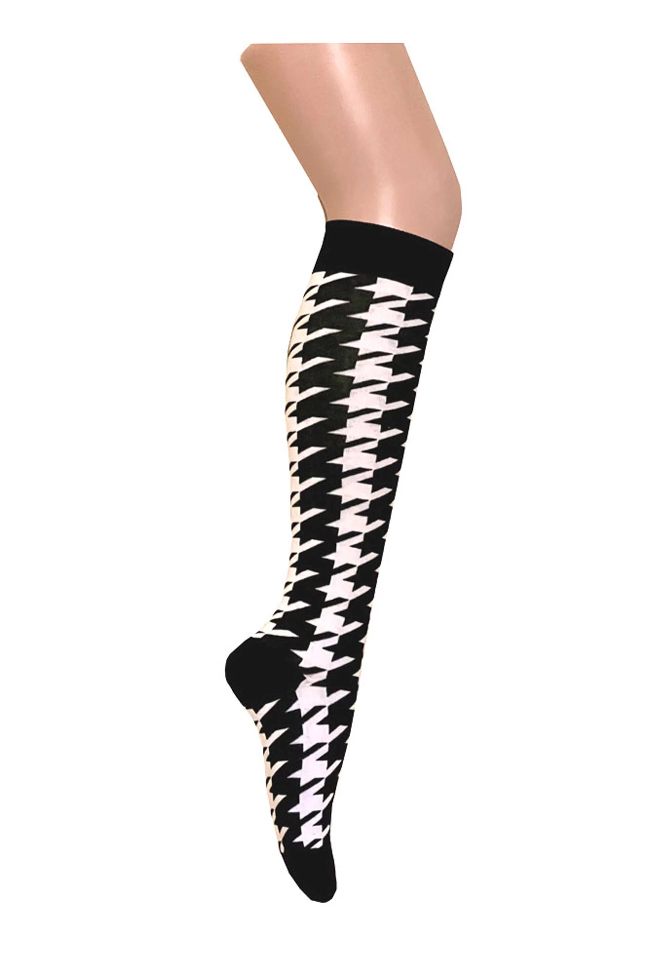 Novelty Houndstooth Pattern Women and Girls Knee High Tube Socks In Black with White Color