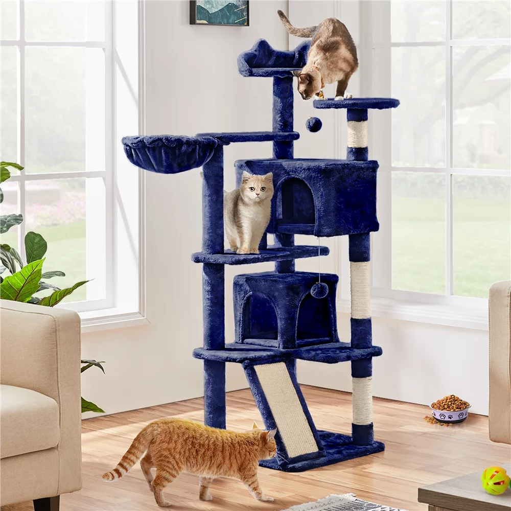 Topeakmart 57''H Multilevel Cat Tree Tower with 2 Condos & Scratching Posts/Ramp, Navy Blue