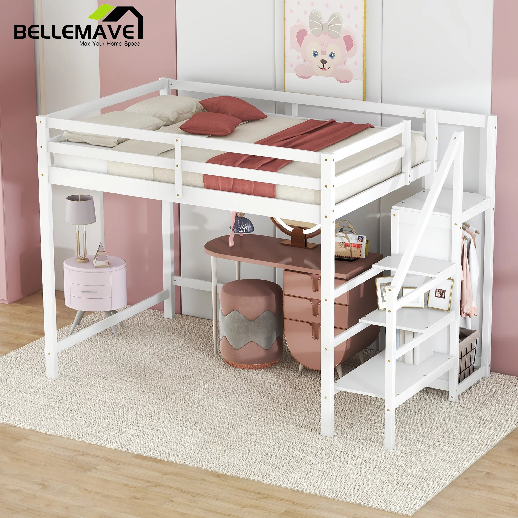 Bellemave Full Size Loft Bed with Storage Staircase Wooden Full Loft Bed Frame with Built-in Storage Wardrobe and Guardrails for Kids, Teens, No Box Spring Needed, White