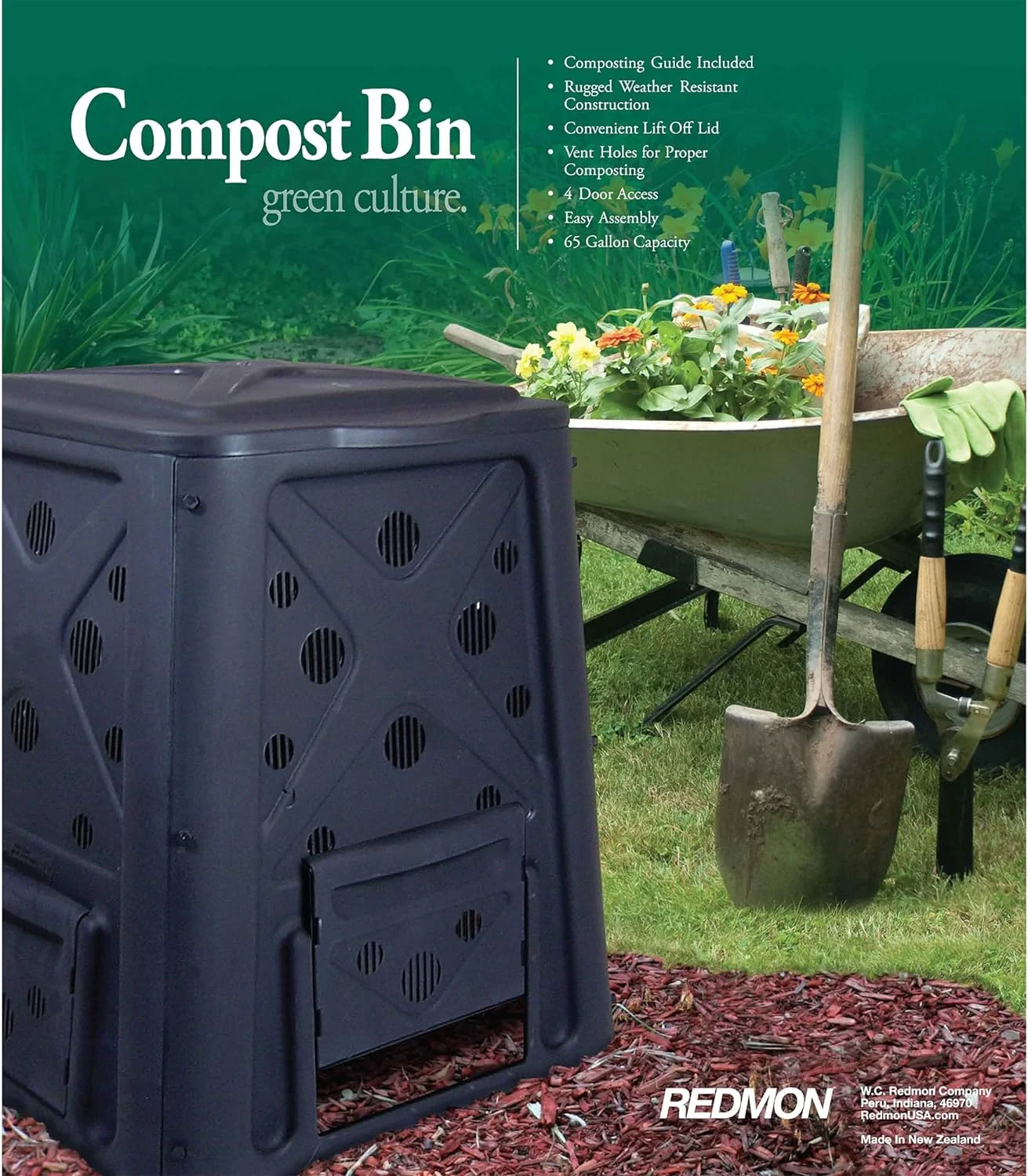 65 Gallon Outdoor Compost Bin with Snapping Lift Off Lid, 4 Door Access, and Multiple Vent Holes for Garden and Landscaping, Black
