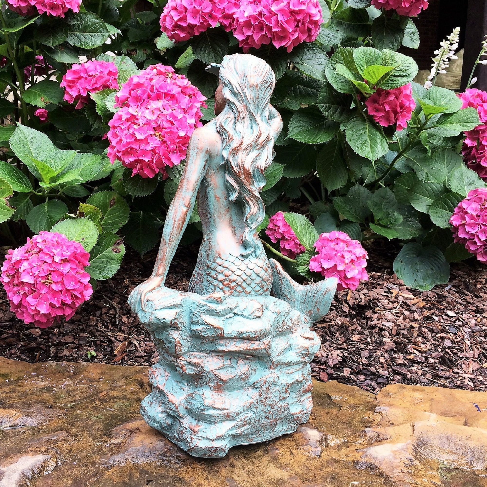 Homestyles 22 in. Bronze Patina Classic Mermaid Sitting on Coastal Rock Looking Out to Sea Beach Nautical Extra Large Statue