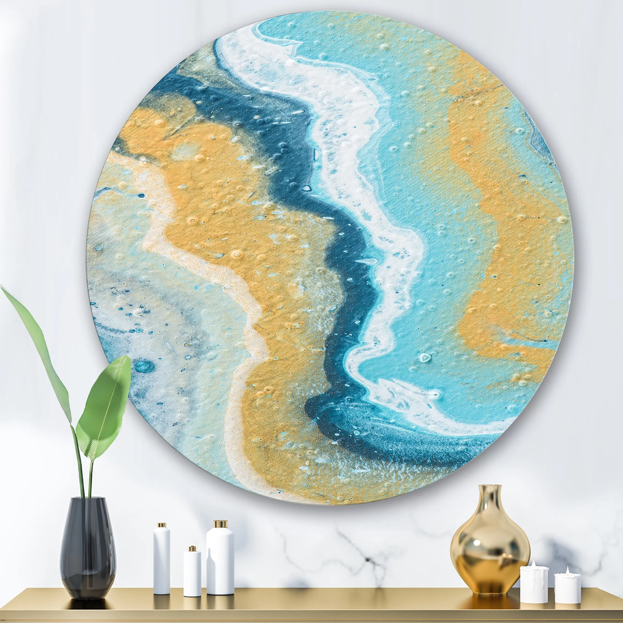 Designart 'Abstract Marble Composition In Blue and Yellow III' Modern Circle Metal Wall Art 36x36 - Disc of 36