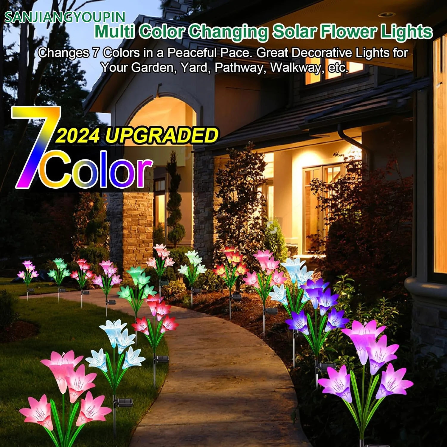 Outdoor Solar Lights, Solar Garden Lights with 24 Lily Flowers, Waterproof 7 Color Changing Solar Lights Outdoor for Patio Yard Garden Decoration (6 Pack)