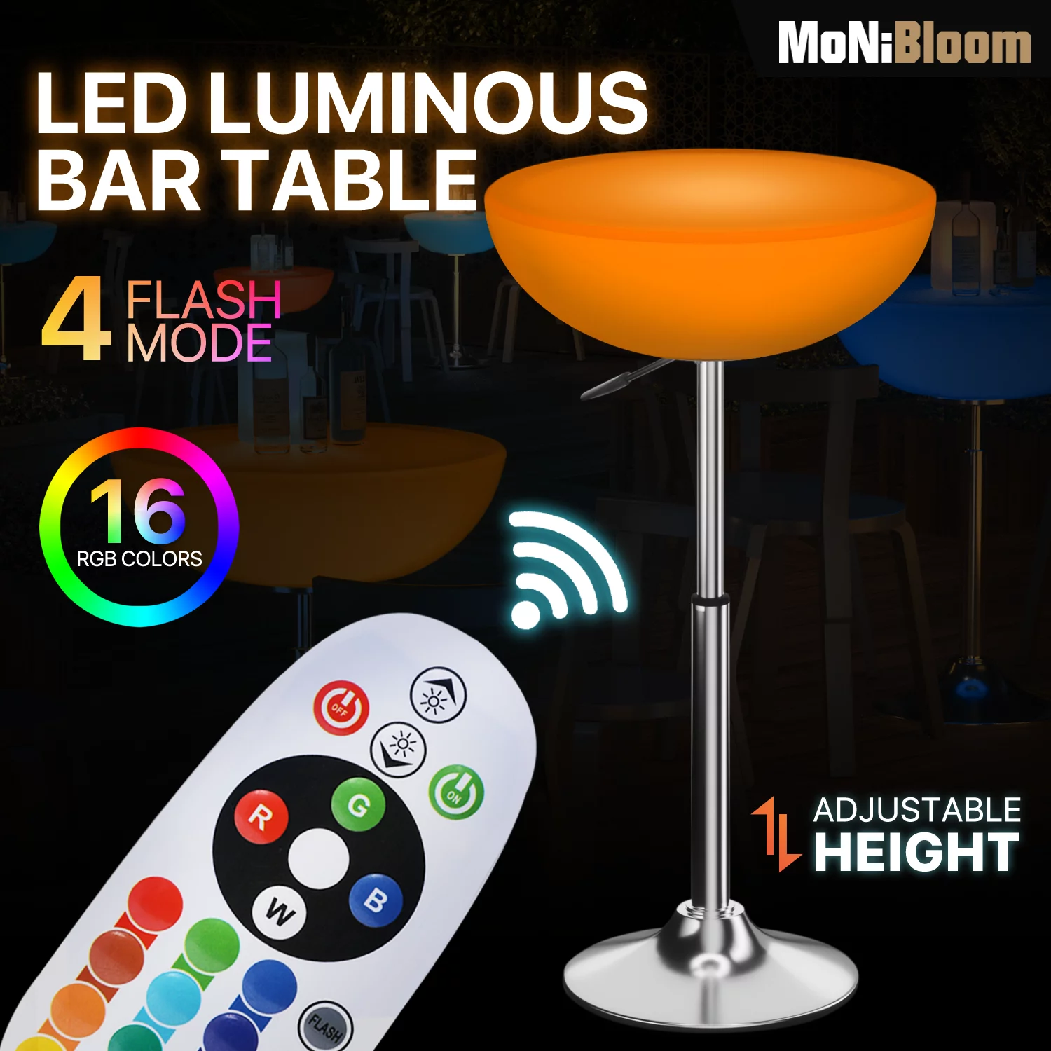 MoNiBloom LED Light Up Bar Table Adjustable Height, 16 Color Changing with Remote Control, Waterproof Rechargeable Light Up Pub Table