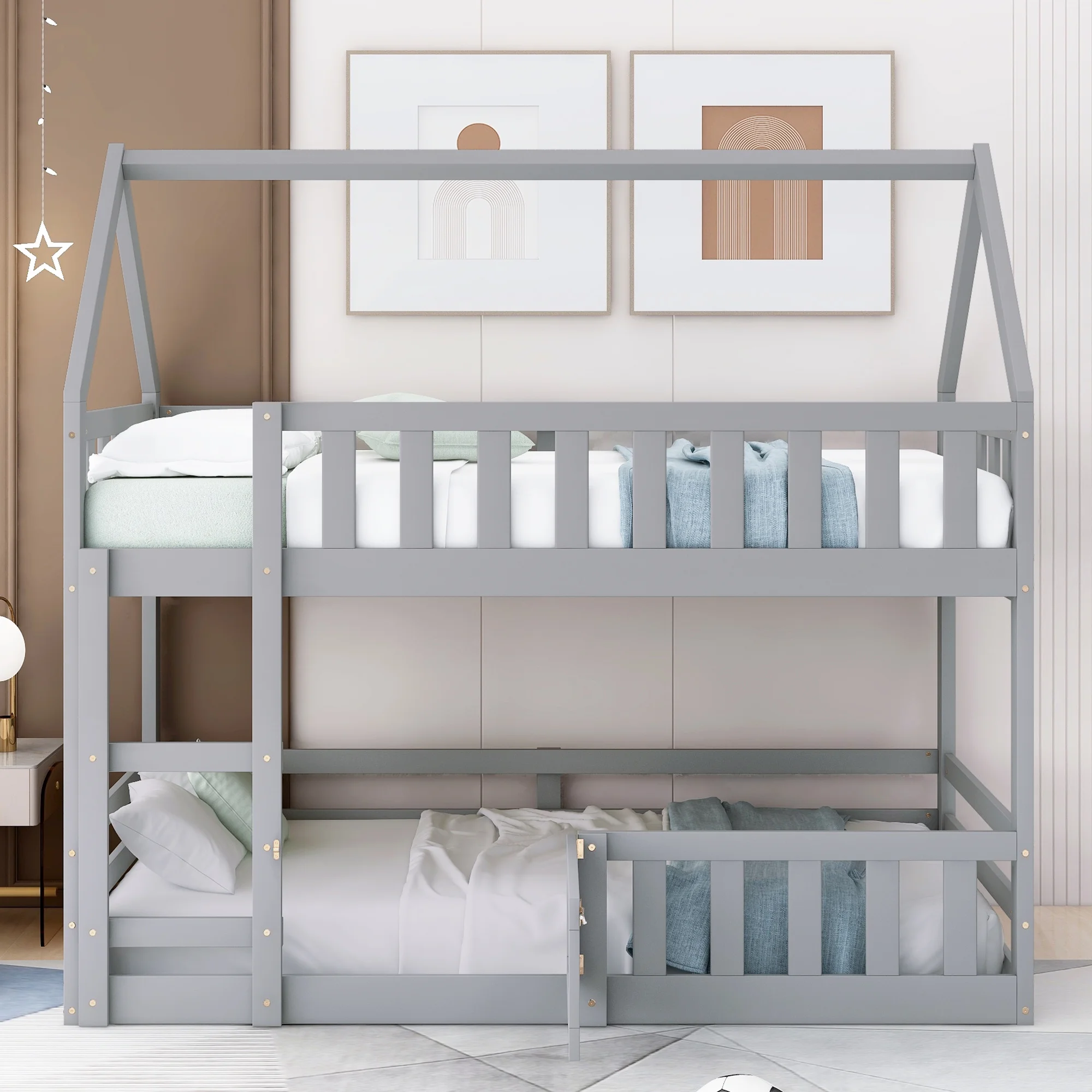 Bellemave House Bunk Bed with Fence and Door, Wood Twin Over Twin Floor Bunk Beds Frame with Roof, Low Toddler Bunk Loft Bed for Kids Girls Boys Teen (Gray)