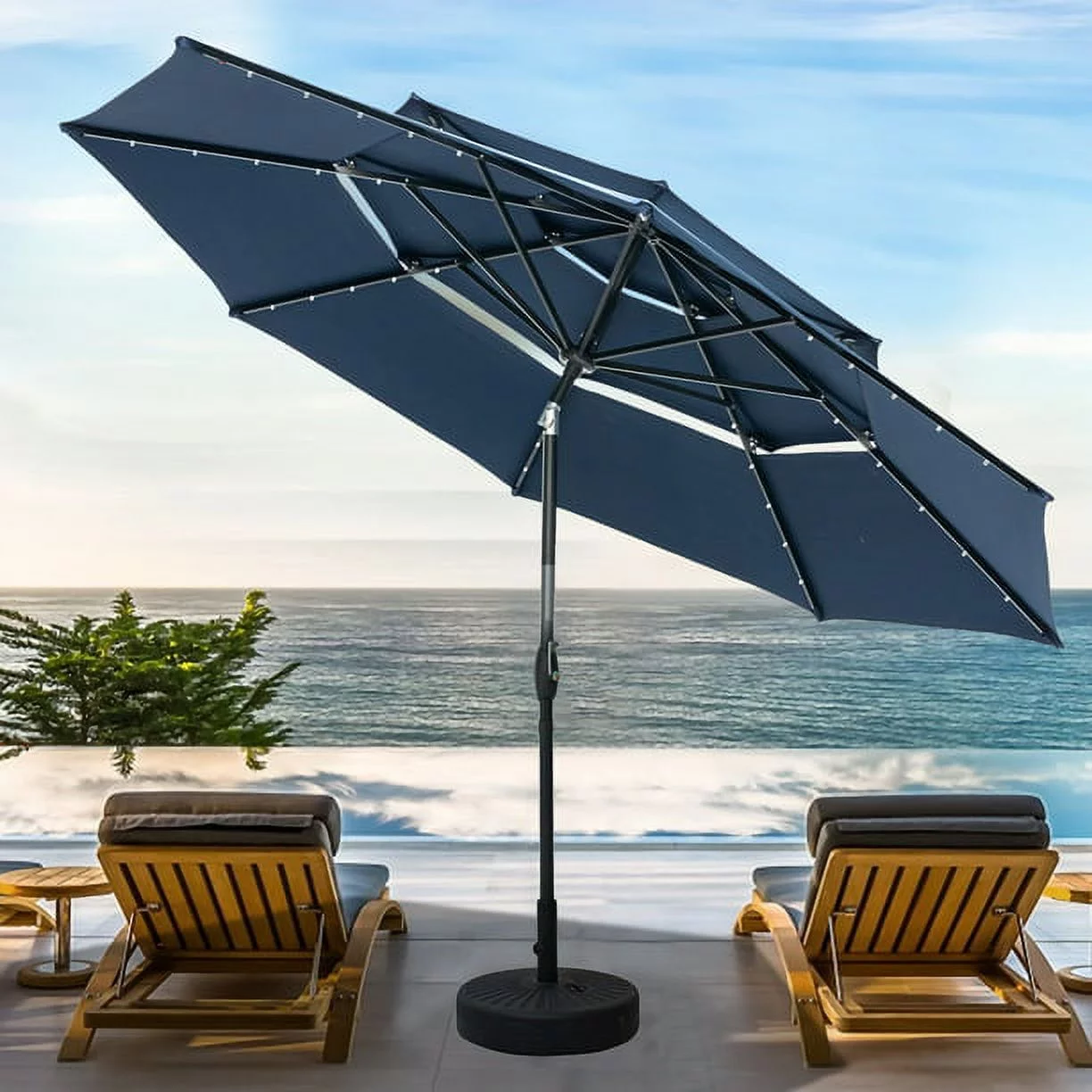 Autlaycil 10Ft 3 Tiers Patio Umbrellas Solar 40 LED Lighted Umbrella with 8 Ribs Patio Table Umbrella, Blue