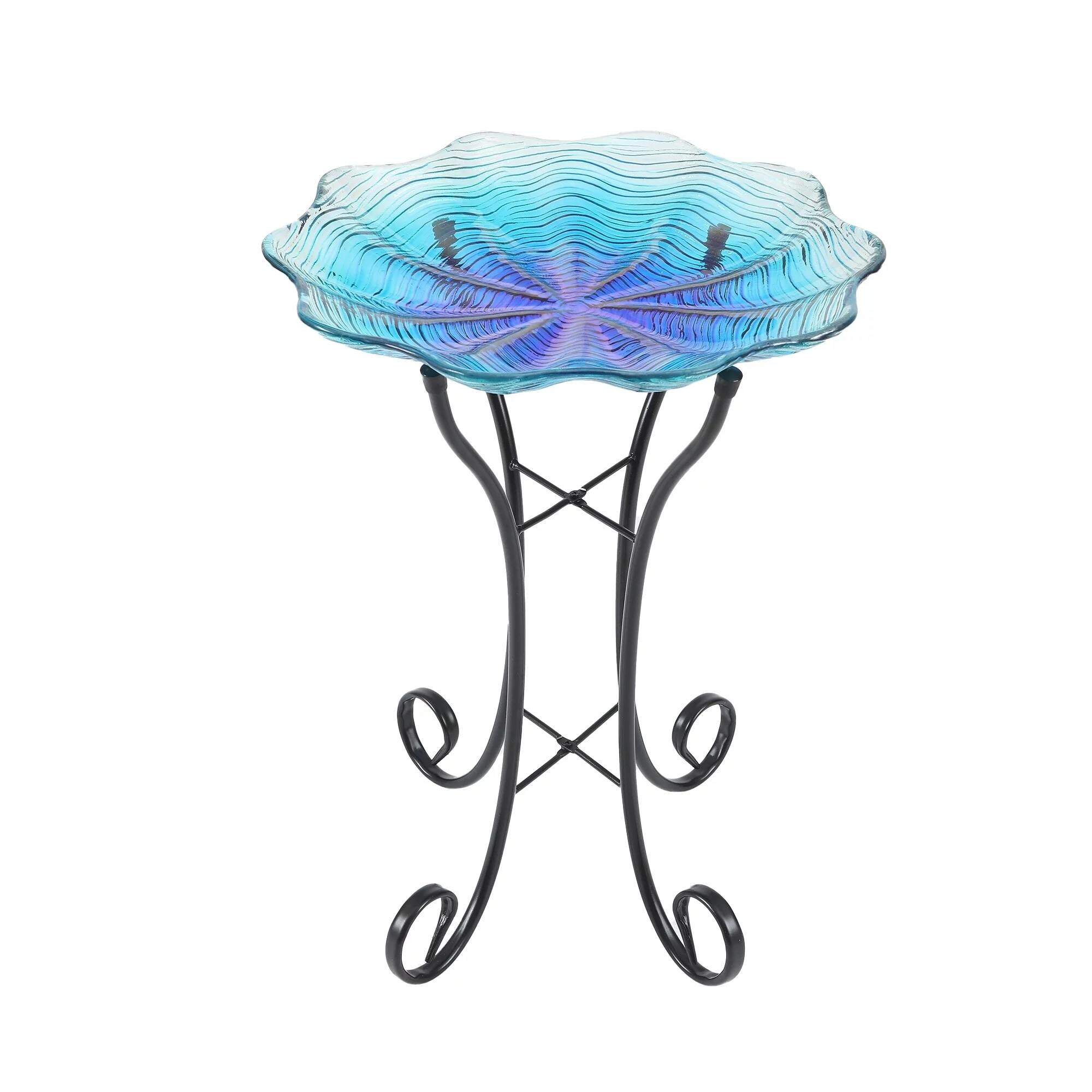 Luxen Home Blue Ripples Glass Bird Bath with Metal Stand