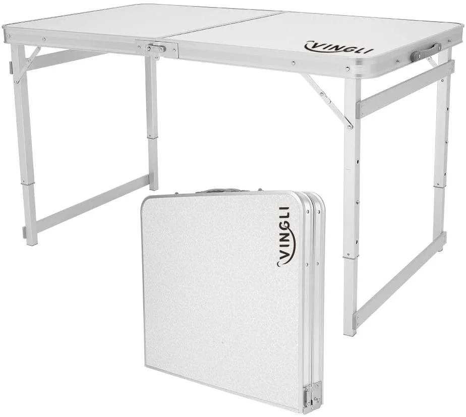 Folding Table 4 Foot with Adjustable Height & Carry Handle, Small Portable Collapsible Suitcase Table for Outdoor/Indoor Picnic Camping Dining Table, Aluminum Utility Deck