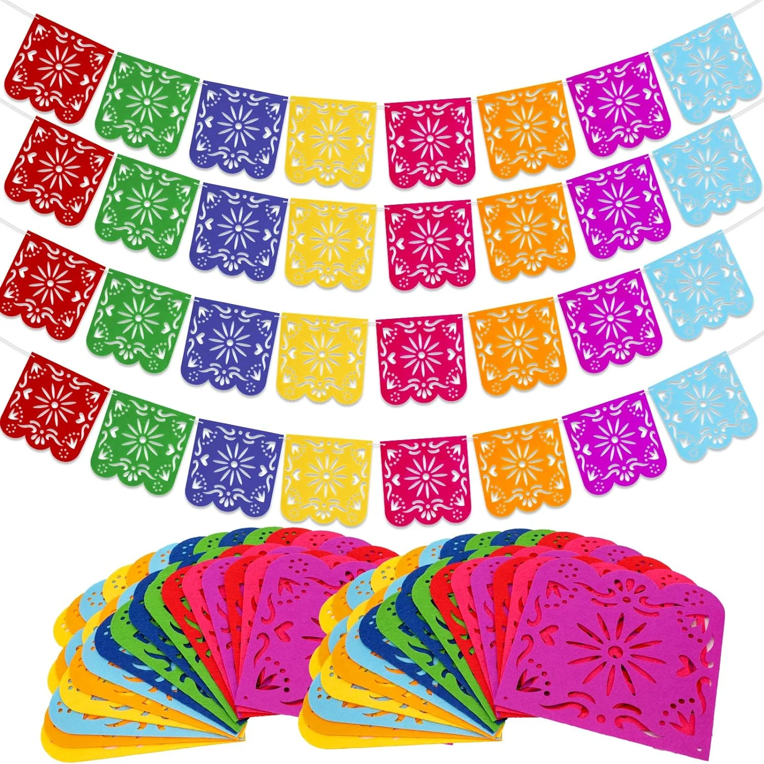 4 Pack Fiesta Party Banners Colorful Felt Mexican Party Banner Day of The Dead Papel Picado Banner for Fiesta Birthday Baby Shower Party Decorations