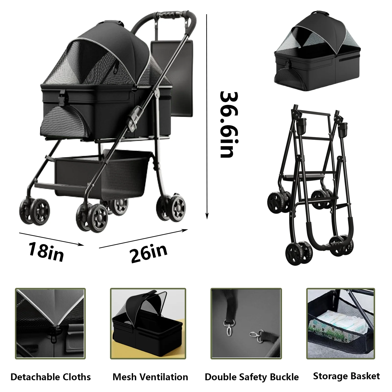 DLPIN Dog Stroller Cat Stroller Pet stoller 3-in-1 Folding Dog Stroller for Small Medium Dogs CatS(Black)