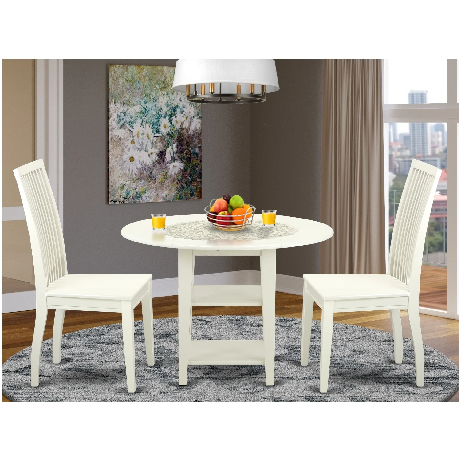 HomeStock Retro Revival 3 Piece Sudbury Set With 1 Round Dinette Table And 2 Dinette Chairs With Wood Seat In A Elegant Linen White Finish.