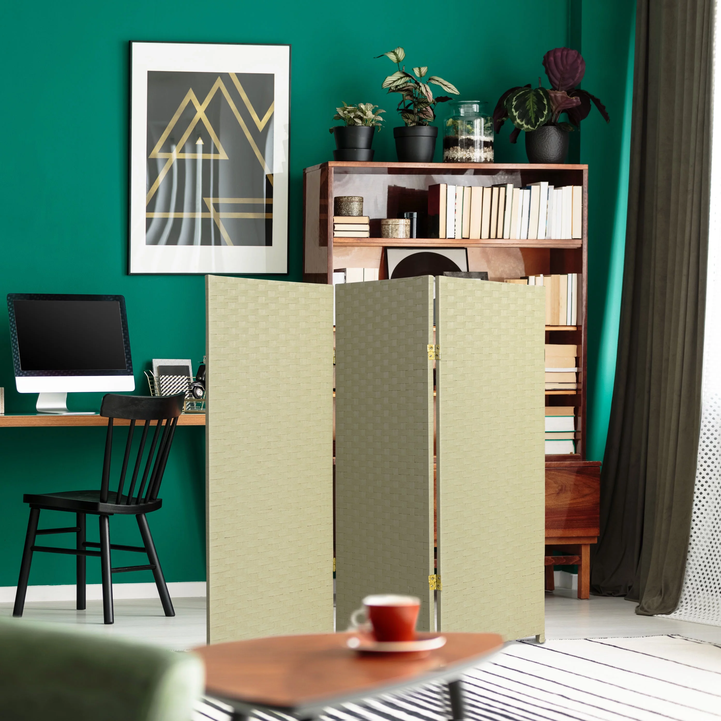 Oriental Furniture 4 ft. Tall Woven Fiber Room Divider - Cream - 3 Panel