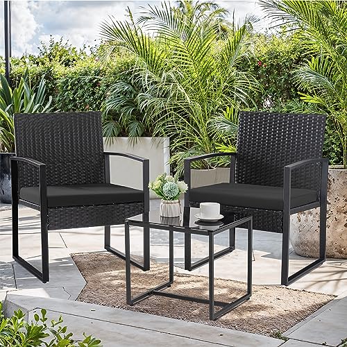Homall Balcony 3 Piece Furniture Table Garden Backyard Outdoor Patio Use Porch Chairs Cushioned PE Wicker Bistro Set Rattan (Black)