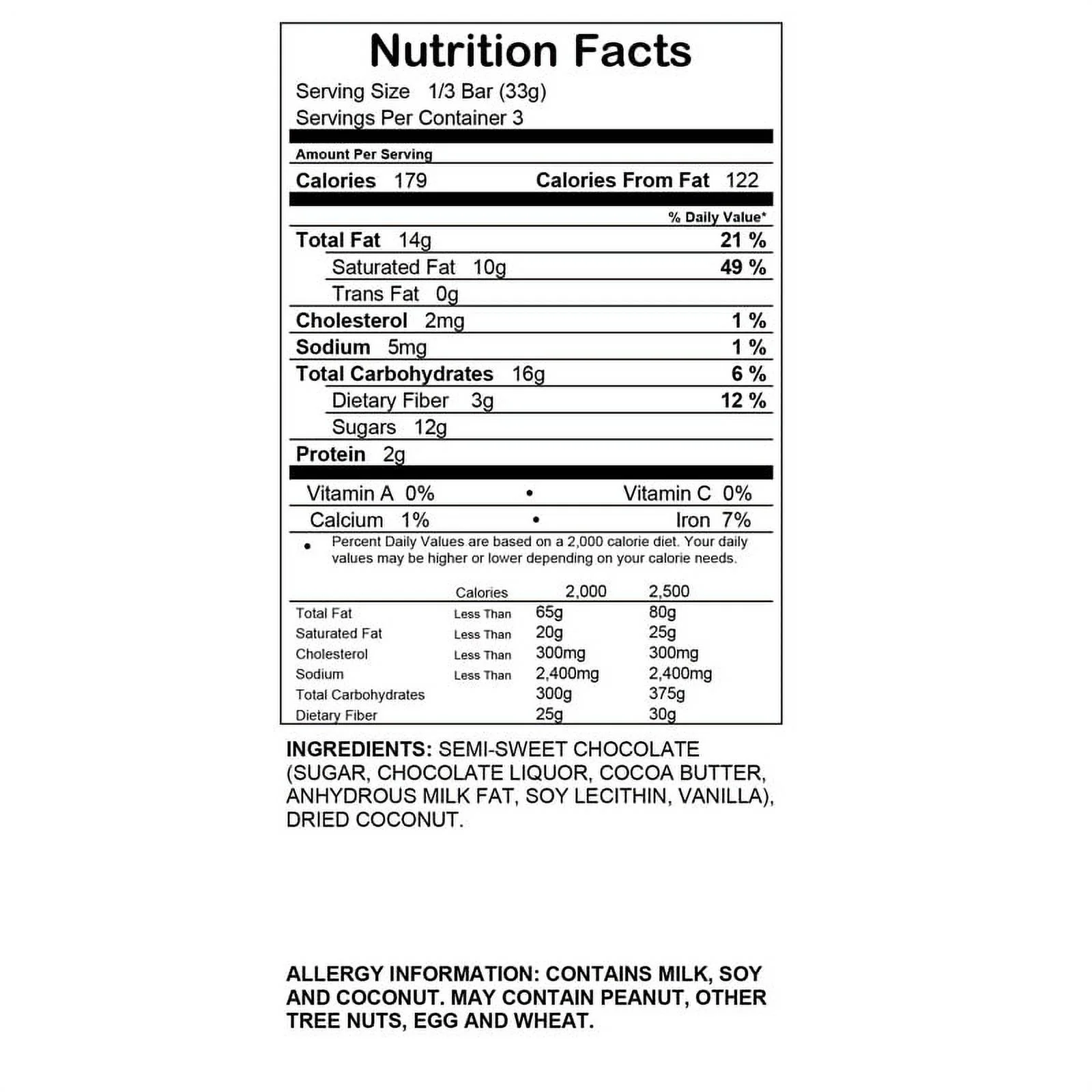 The Dillon Bar-3pk-3.25oz Large Bar-Dark Chocolate Toasted Coconut Flake Premium Chocolate Bar