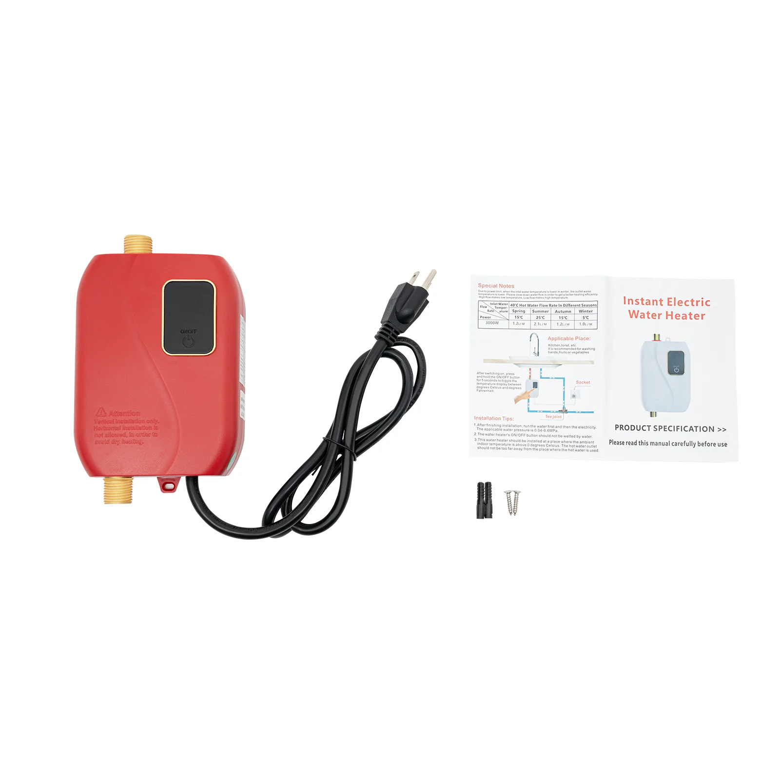 110V 3000W Mini Electric Tankless Instant Hot Water Heater Bathroom Kitchen Red 20-50℃/68-122℉