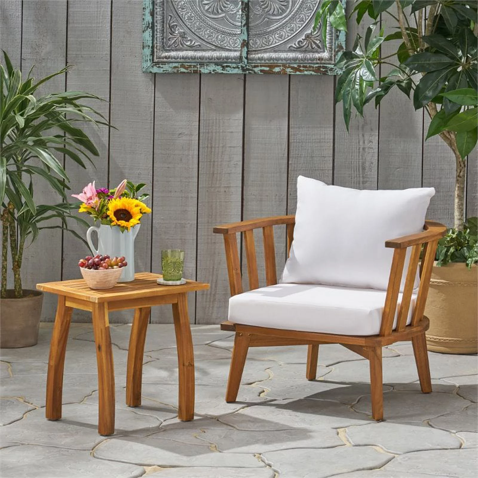 Noble House Barton 2-Piece Outdoor Wood Conversation Set in Teak and White