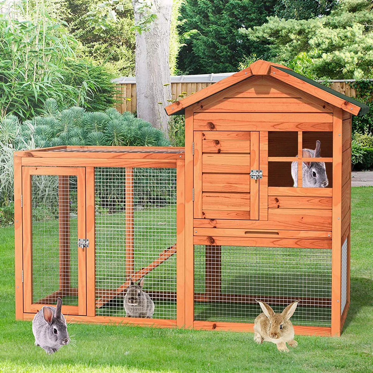 ZPL 48 Inch Wooden Rabbit Hutch Rabbit Cage,Chicken Coop Bunny House With Removable No Leakage Tray For Indoor and Outdoor