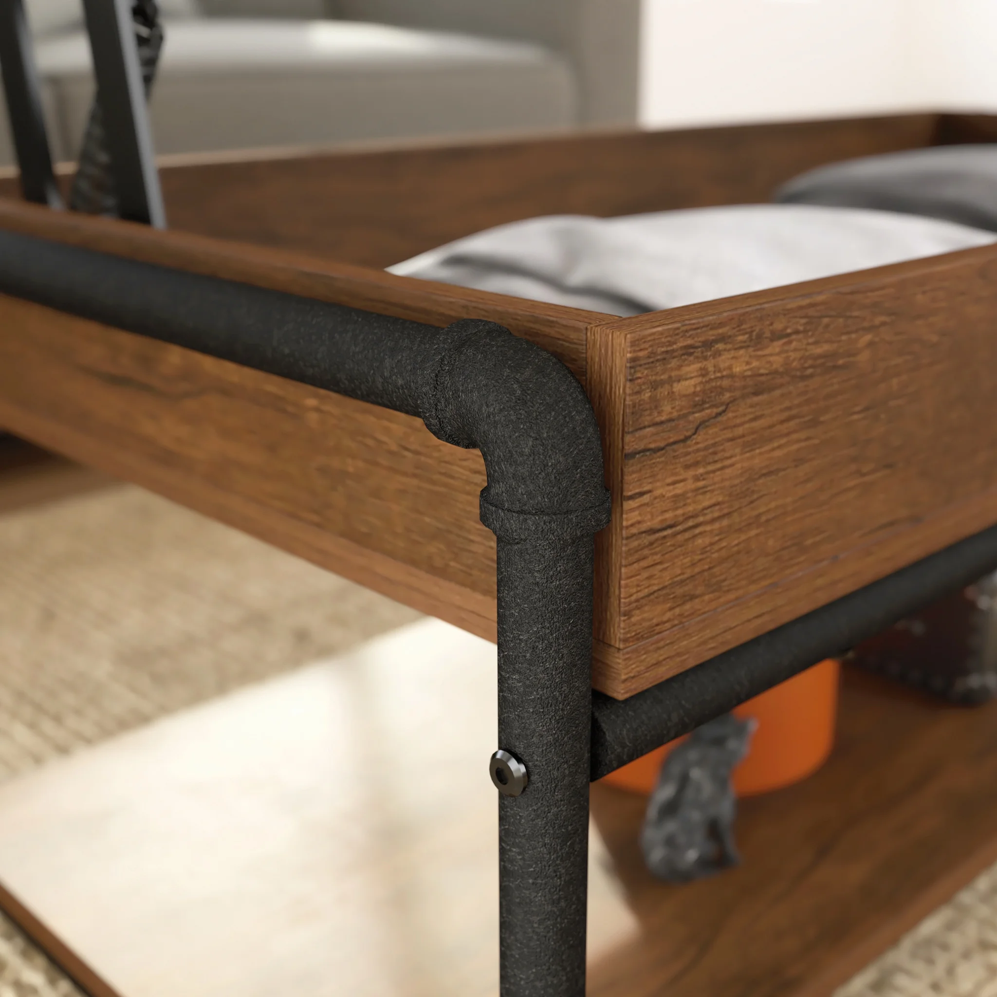 Sauder Iron City Industrial Pipe Lift-Top Coffee Table, Checked Oak Finish