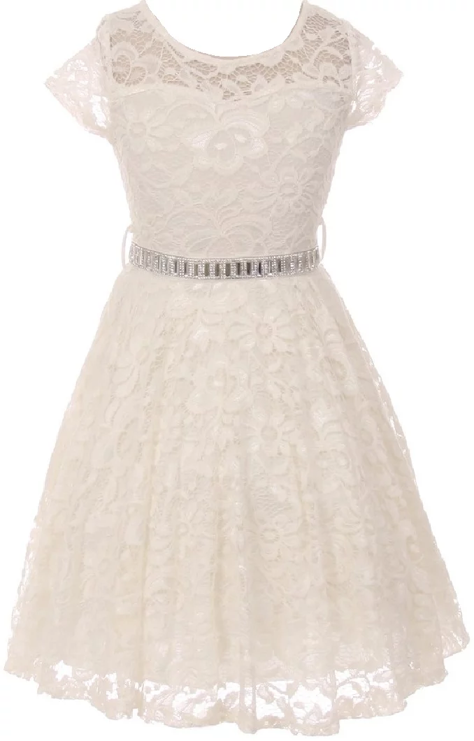 Lovely Floral Lace Rhinestones Skater Party Easter Flower Girl Dress for Big Girl Off White 16 JK19.88S BNY Corner