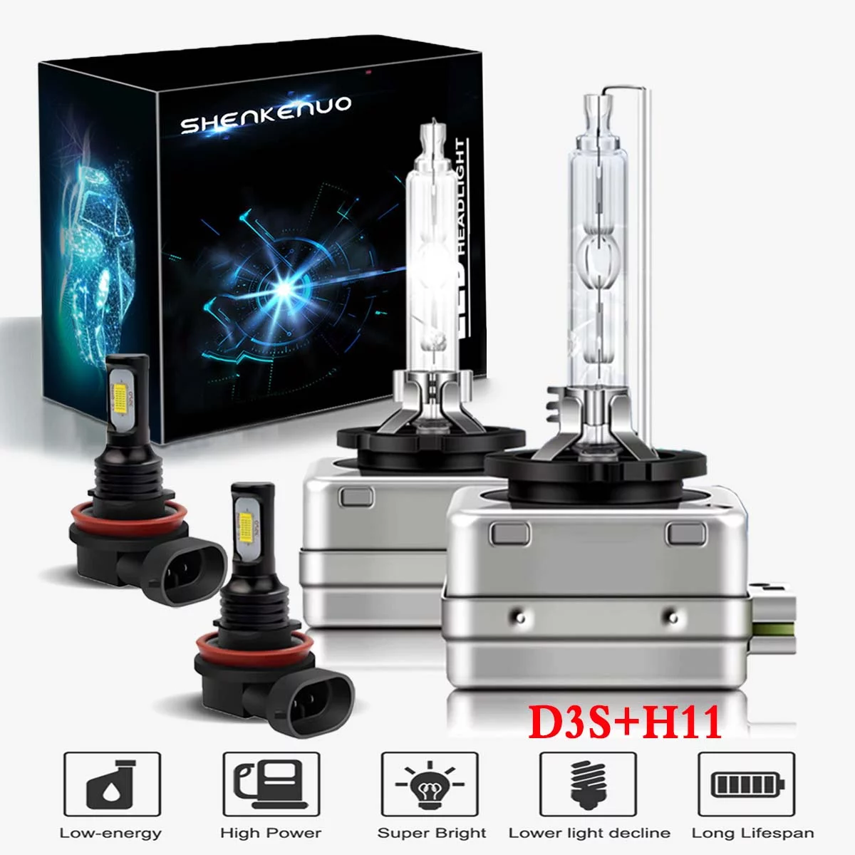 For Ford Mustang 2012-2017 Xenon Headlight Bulbs,D3S High beam and Low Beam and H11 LED Fog light Bulbs,Pack of 4