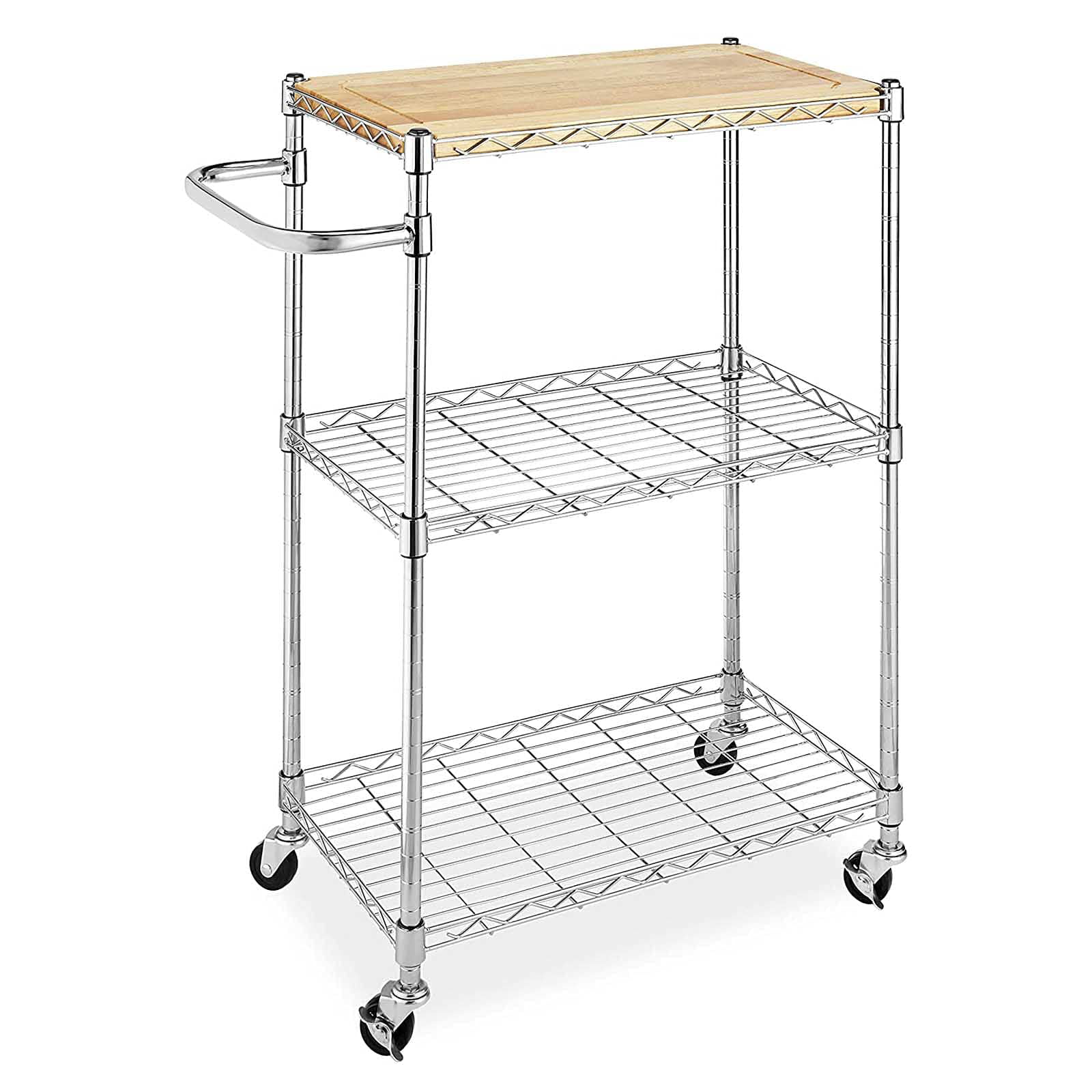 Kitchen Microwave Cart on Wheels, Wire Rolling Cart with Handle Bar, 3 Tier Bakers Rack with Wood Table, Height Adjustable Shelves, 24L x 14W x 33.5H Inches, Chrome/Wood