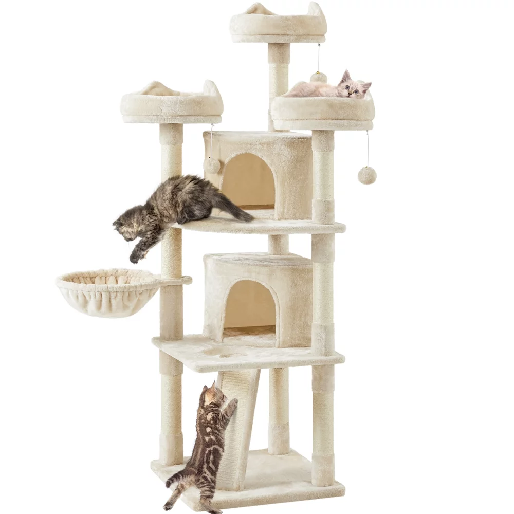 Easyfashion 68.5in Multi-Level Cat Tree Caves Condos, Beige