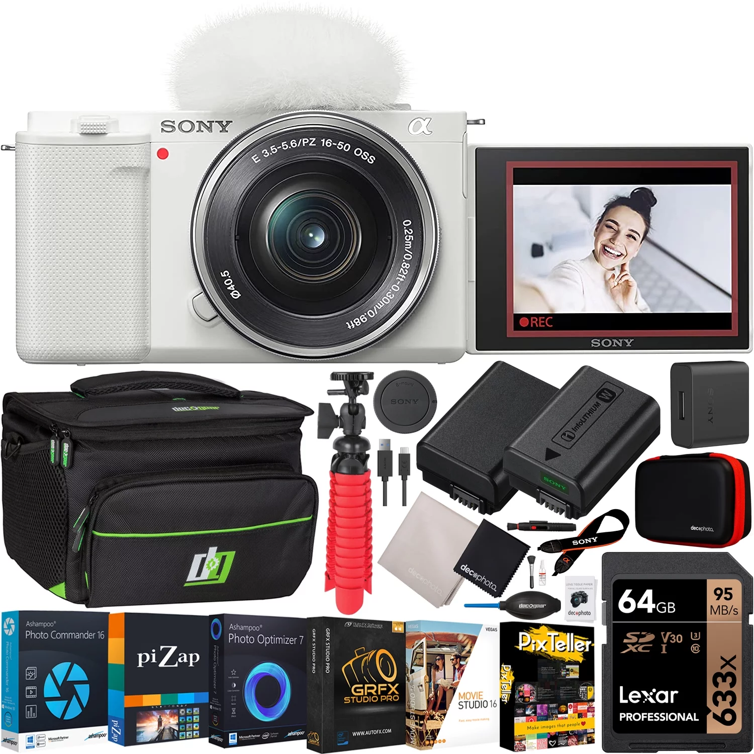 Sony ZV-E10 Mirrorless Alpha APS-C Vlog Camera Body and 16-50mm F3.5-5.6 Zoom Lens ILCZV-E10L/W White Bundle with Deco Gear Photography Case + Extra Battery + Photo Video Software & Accessories Kit