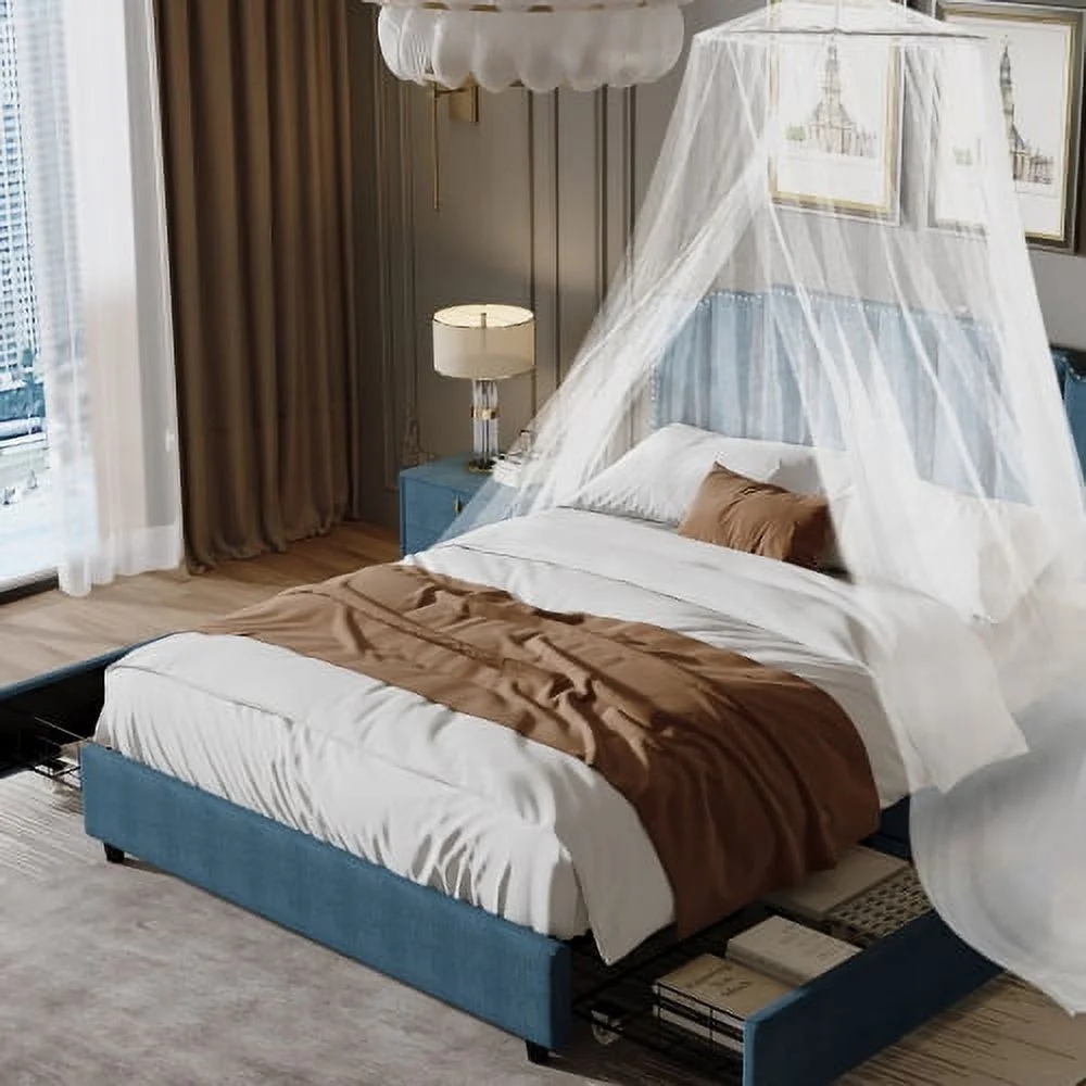 JHOOTUUO Queen Size Upholstered Platform Bed Linen Bed Frame with 2 Drawers Stitched Padded Headboard with Rivets Design Strong Bed Slats System No Box Spring Needed Blue