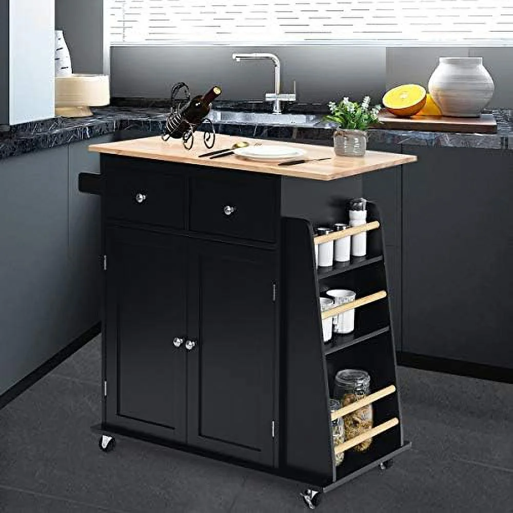 JDZHAPPYLIFE Kitchen Island Cart  Rolling Wood Trolley with  Cabinet  Towel Handle  2 Drawers  Side Spice Rack and Wine Bottle Rack  Kitchen Cart on Wheels  Rubber Wood Countertop (Black)