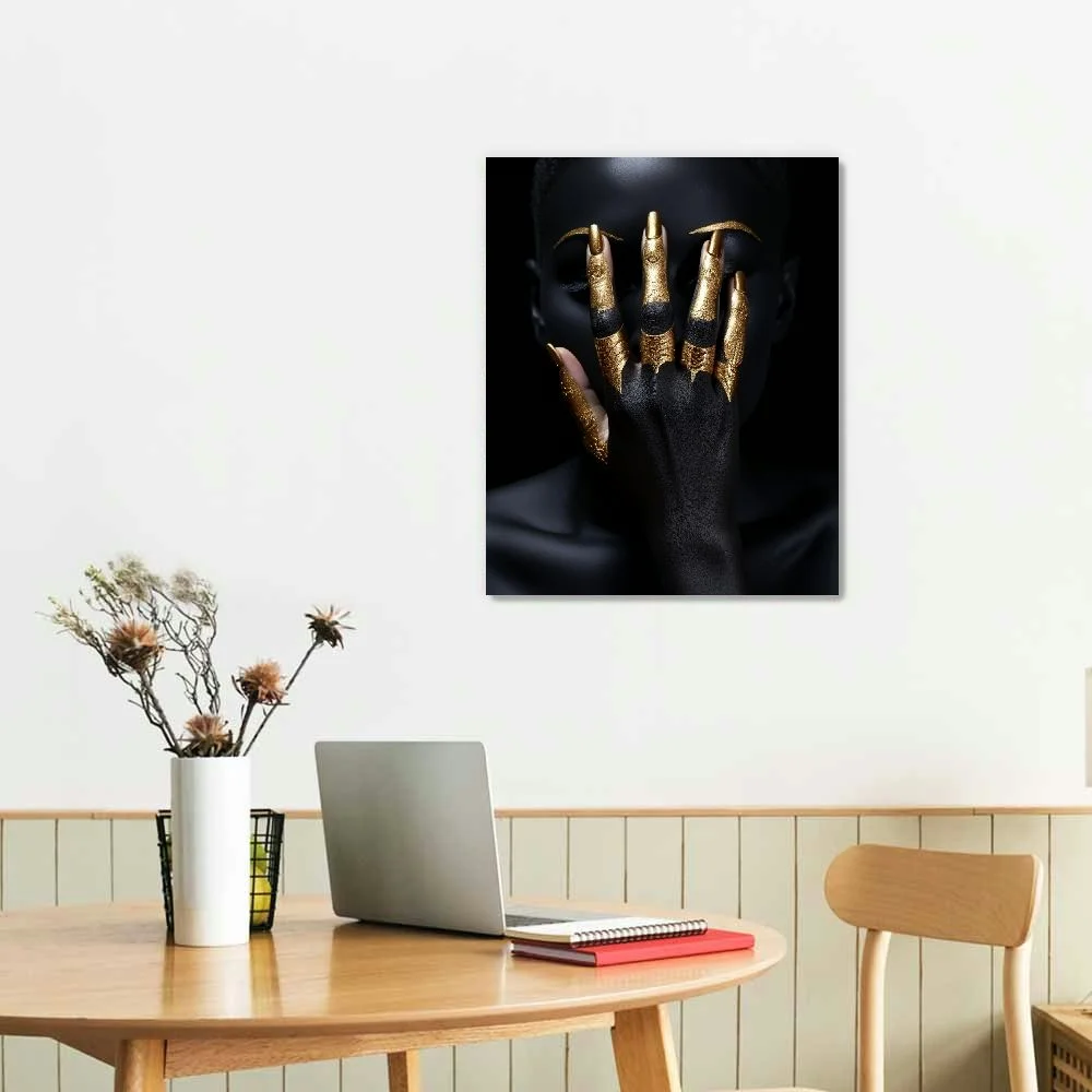 COMIO Wall Art Canvas Painting (12×16inch), Golden Makeup Black Woman Portrait Artwork African American Wall Art Modern Wall Decor For Living Room Bathroom Hallway