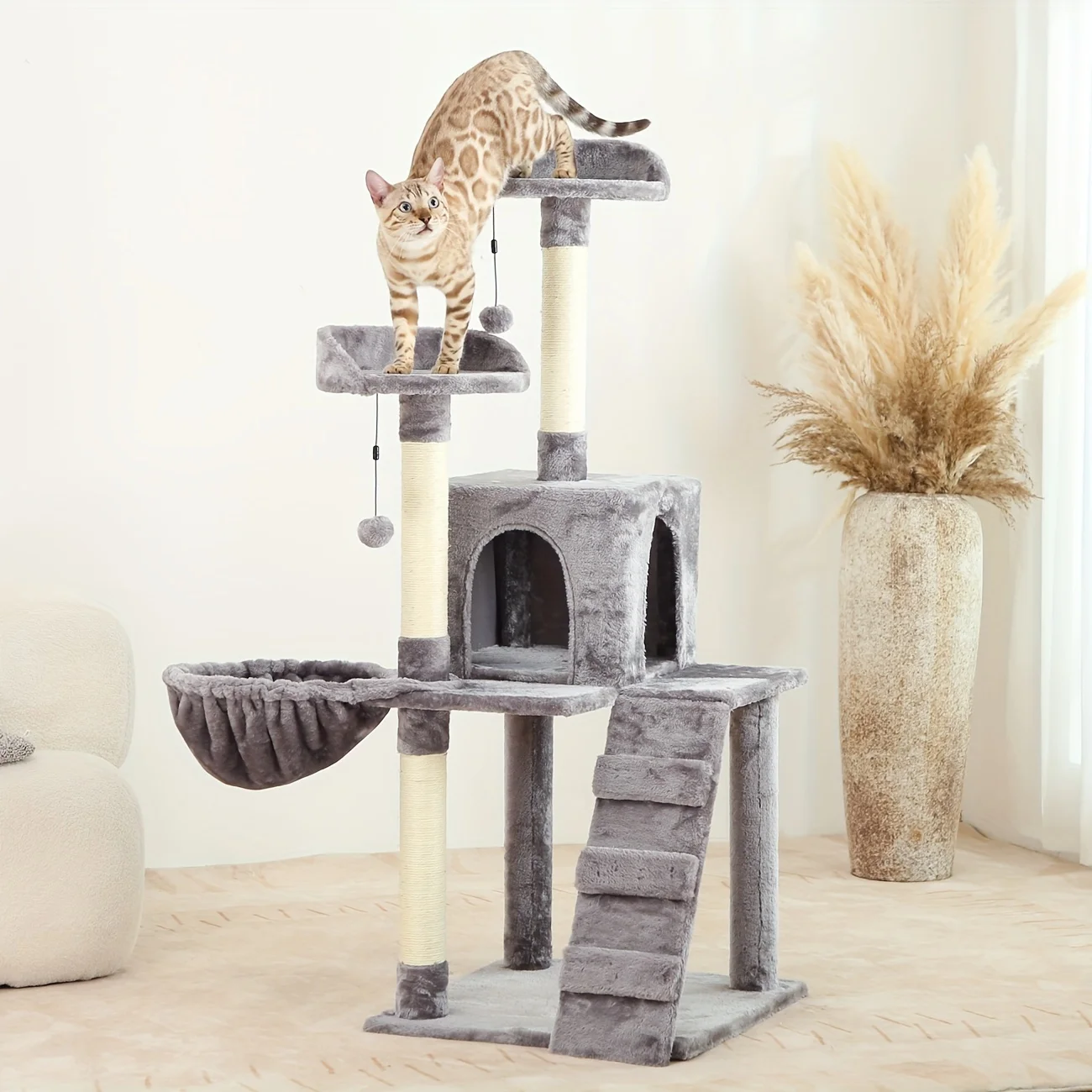 54in Cat Tree Cat Tower Condo Furniture Scratch Post with Natural Sisal Rope, Hammock & Cradle for Cats Kittens, Tall Cat Climbing Stand with Plush Perch & Toys (Light Grey)