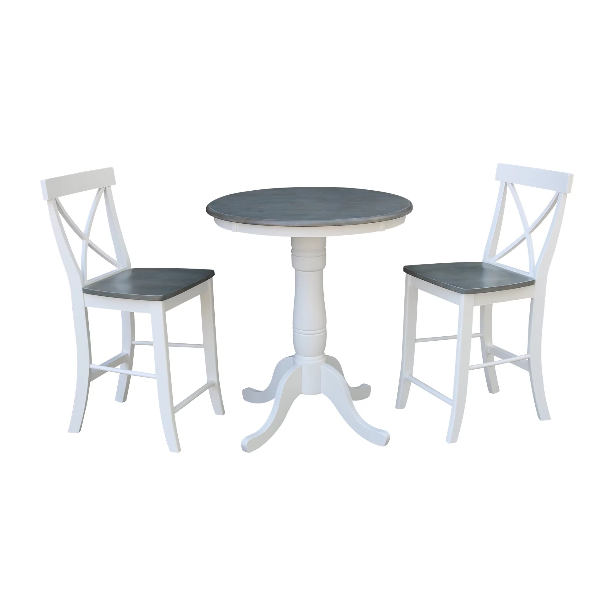 30'' Round Solid Wood Counter Height Pedestal Dining Table with 2 Cross Back Counter Height Stools in White/Heather Gray