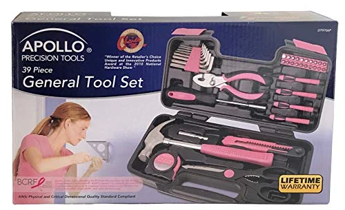 APOLLO TOOLS Original 39 Piece General Household Tool set in Toolbox Storage Case with Essential Hand Tools for Everyday Home Repairs, DIY and Crafts Pink/Black - Pink Ribbon- DT9706P