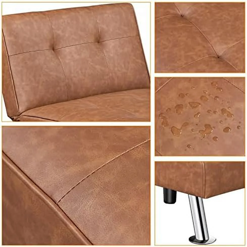 RSJIWOGZ Convertible Sofa Couch Futon Bed Faux Leather Sofa Bed Sleeper Adjustable Loveseat Futon Couch Living Room  with Chrome Metal Legs  Brown