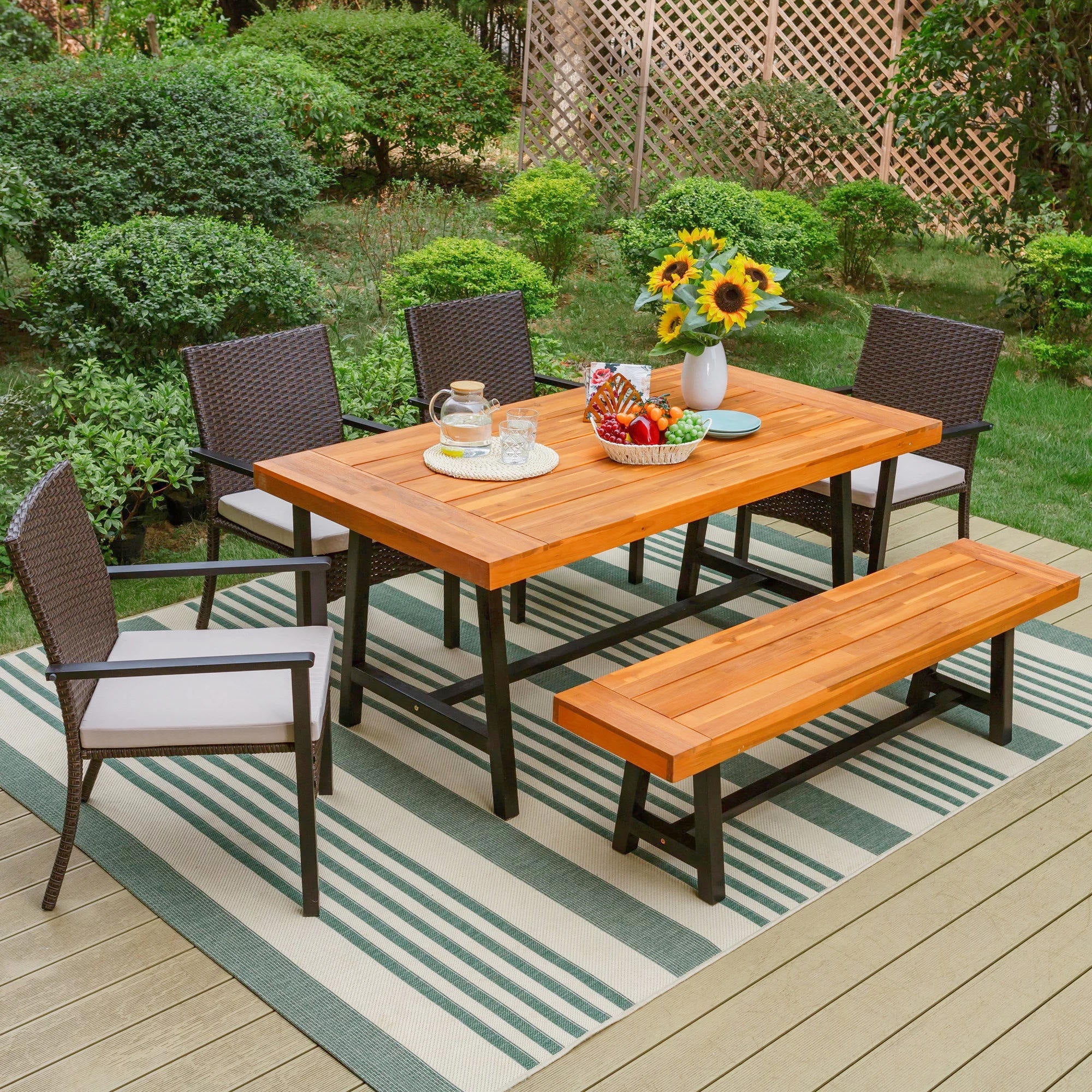 MF Studio 6-Piece Patio Dining Set with Acacia Wood Table&Bench, 4 Cushioned Wicker Chairs, Black&Brown