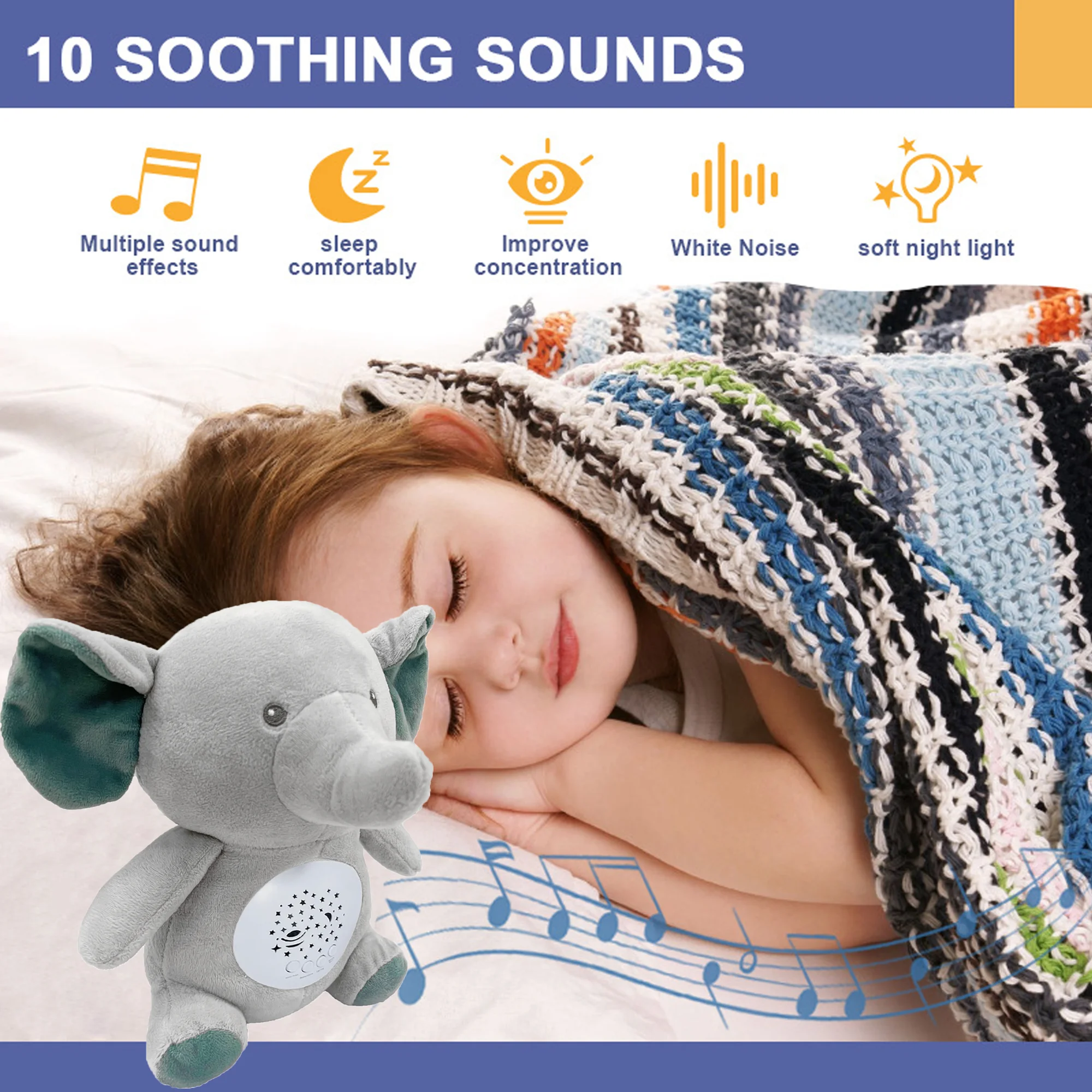 Richgv Baby Sleep Soother Baby Toy, Potable Sound Machine Baby Soother Newborn Toy with Projector White Noise, Baby Sleep Aid with Music Light Elephant Toy for Newborn Toddlers