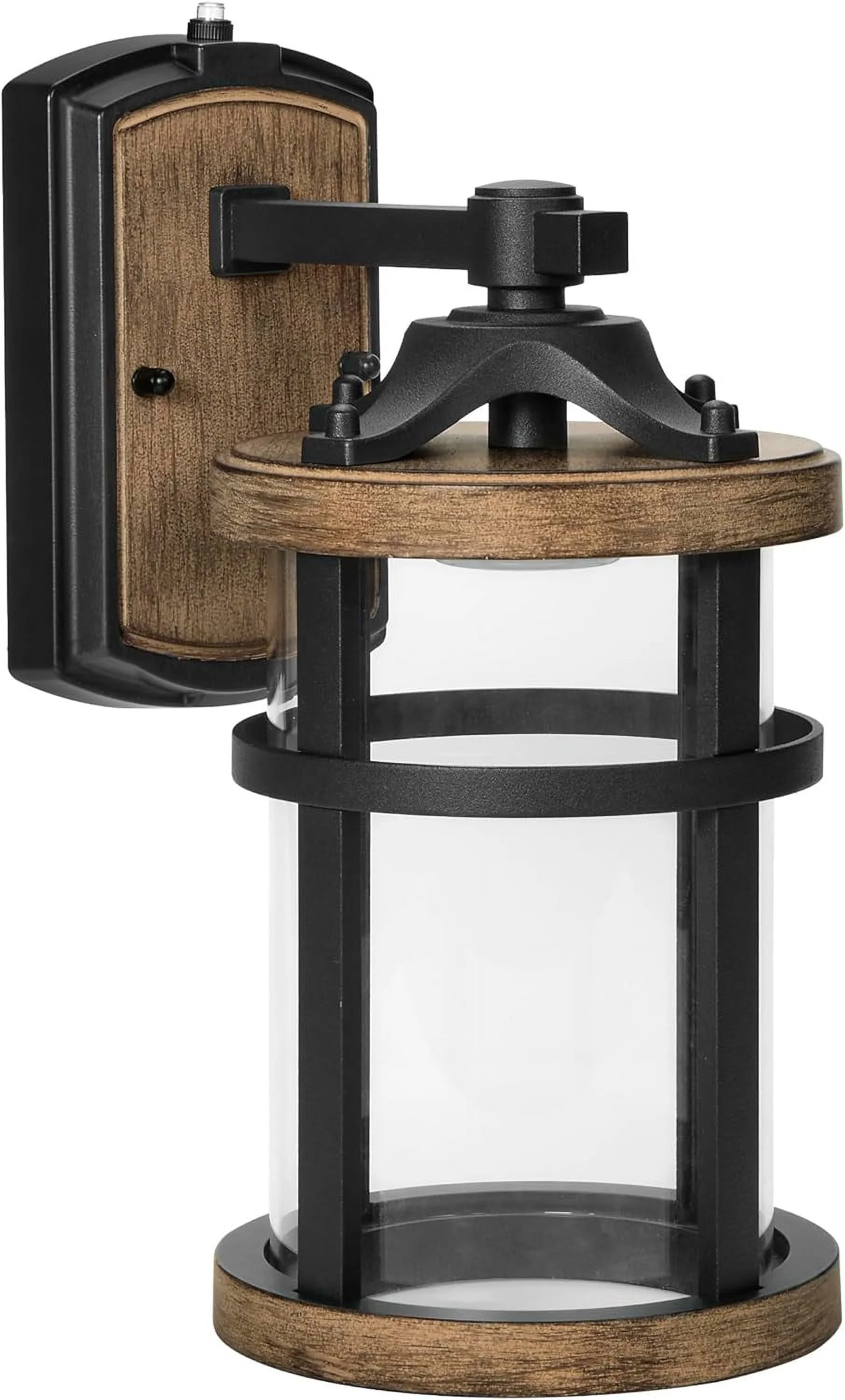 RUO LED Outdoor Wall Light, Black w/Wood Grain Style Finish, Clear Hammered Glass, 800 Lumens, 3000K Warm White, Dusk to Dawn Sensor, Farmhouse Wall Mount Sconce, Rustic Coach Lantern