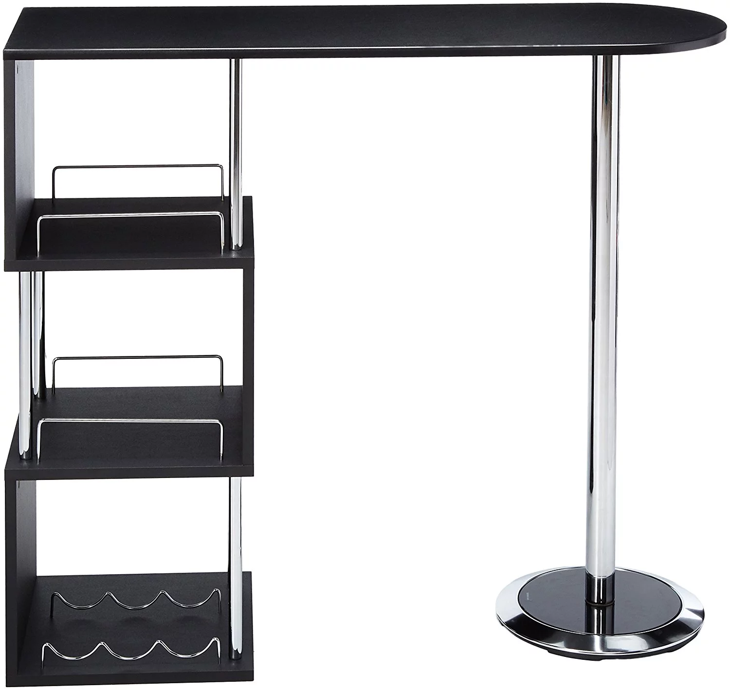 Lapeer Modern Bistro Bar Table with Wine Rack, Black Wood & Chrome Metal