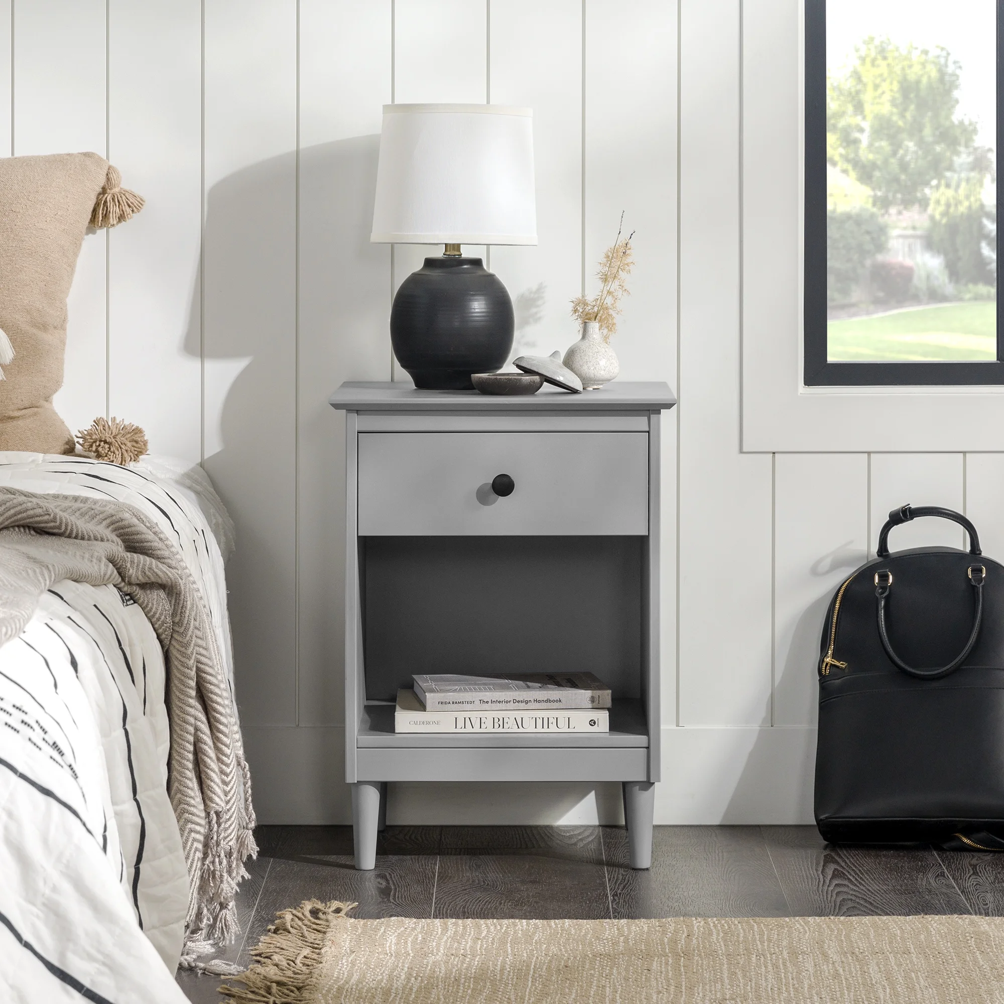 Walker Edison 25” Transitional 1-Drawer Solid Wood Nightstand, Grey