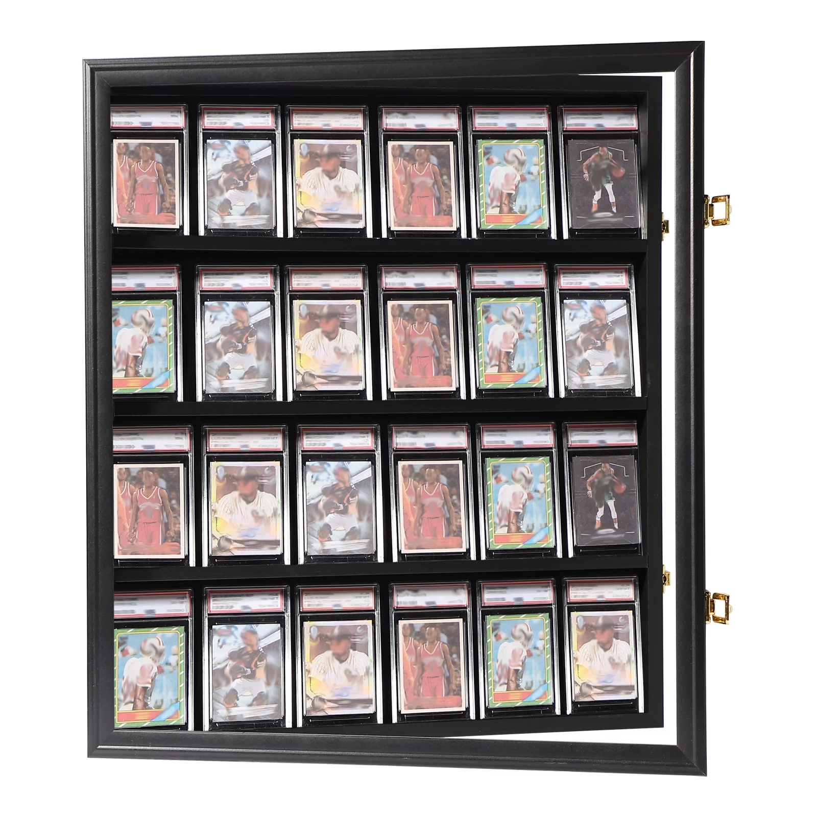 Sport Card Display Case - 24 Graded Cards, Wall Mount with Clear UV-Protected Door for Baseball, Football, Basketball, Hockey Trading Card Collection - Black