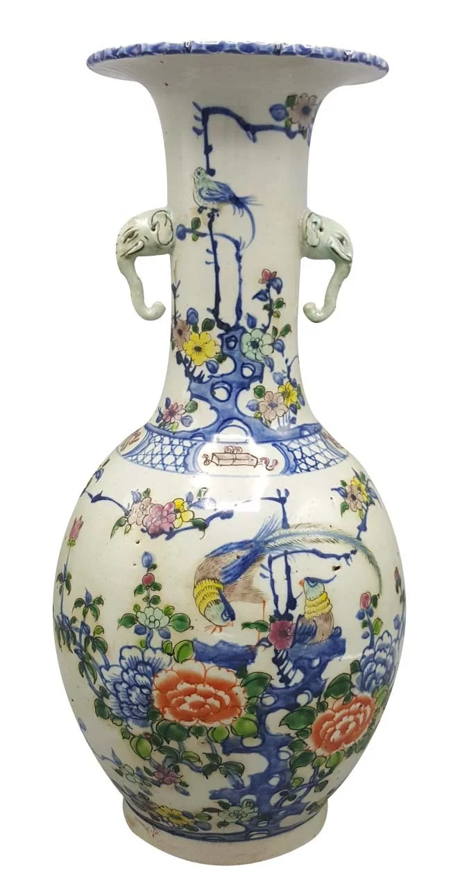 Chinese Porcelain Vase 2-Elephant Handle Carved Top - Oriental Furniture Warehouse