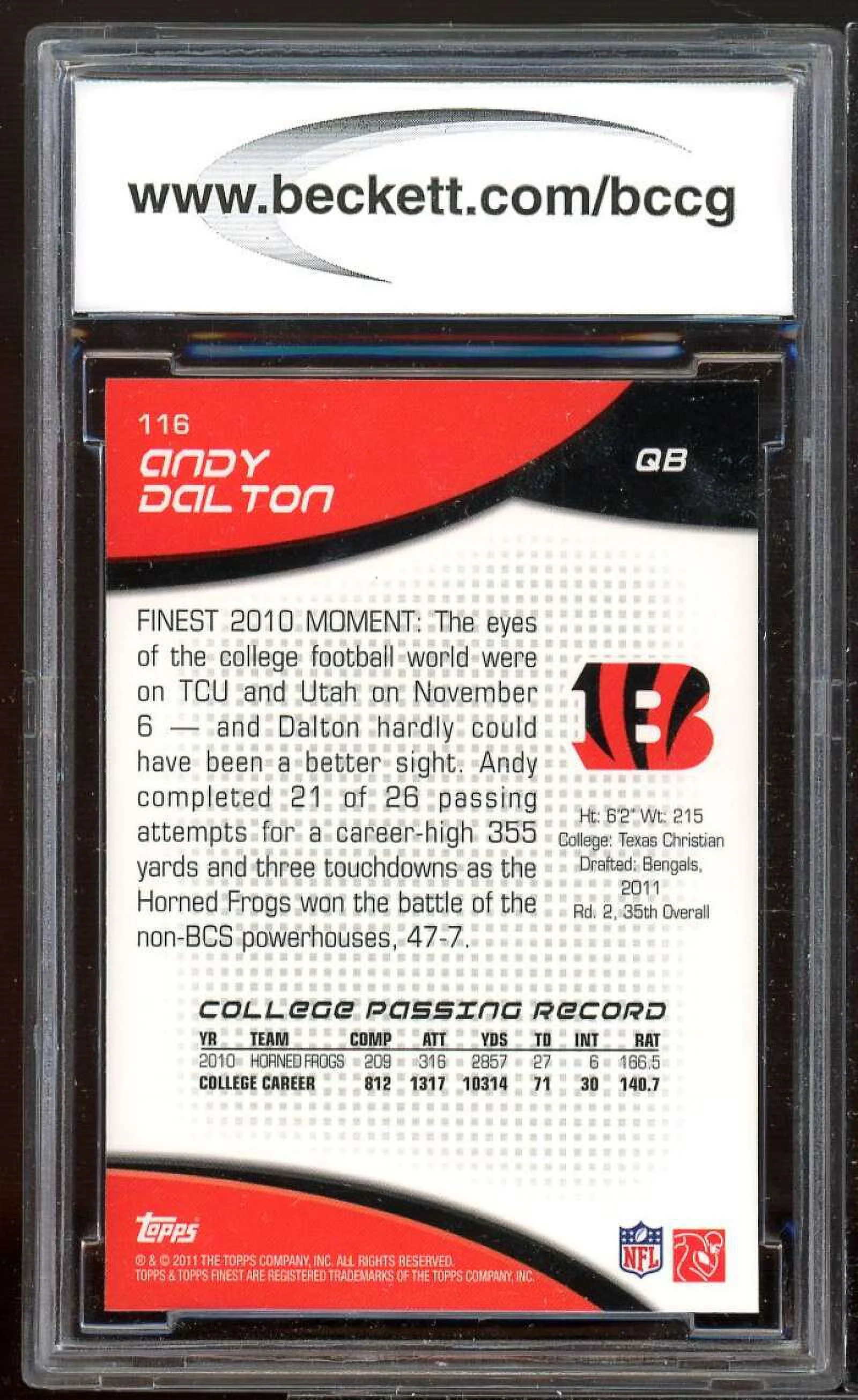 Andy Dalton Rookie Card 2011 Finest #116 BGS BCCG 10