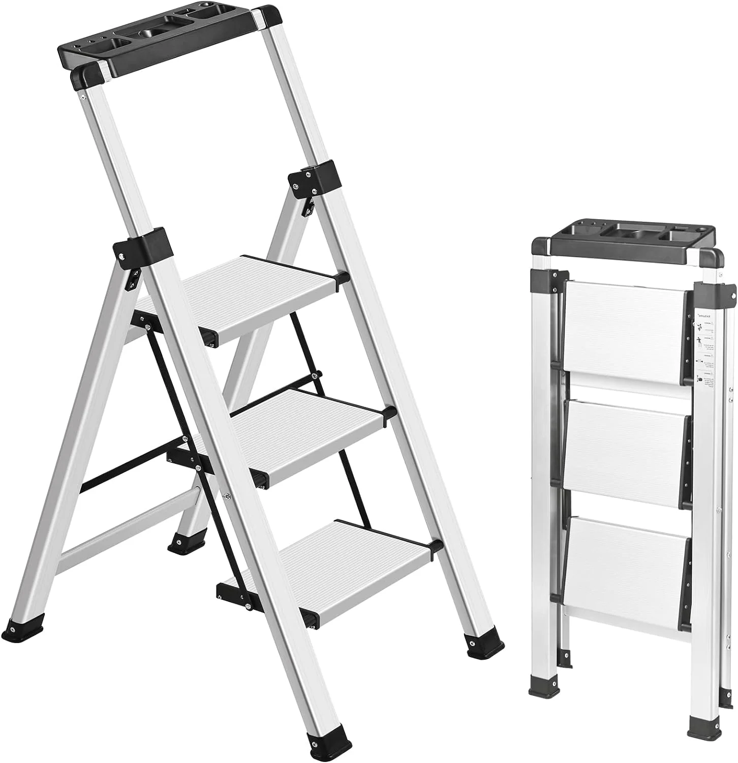 OUWI 3 Step Ladder, Retractable Handgrip Folding Step Stool Ladders with Anti-Slip Wide Pedal, Aluminum 3 Steps, 330lbs Safety Household Ladder