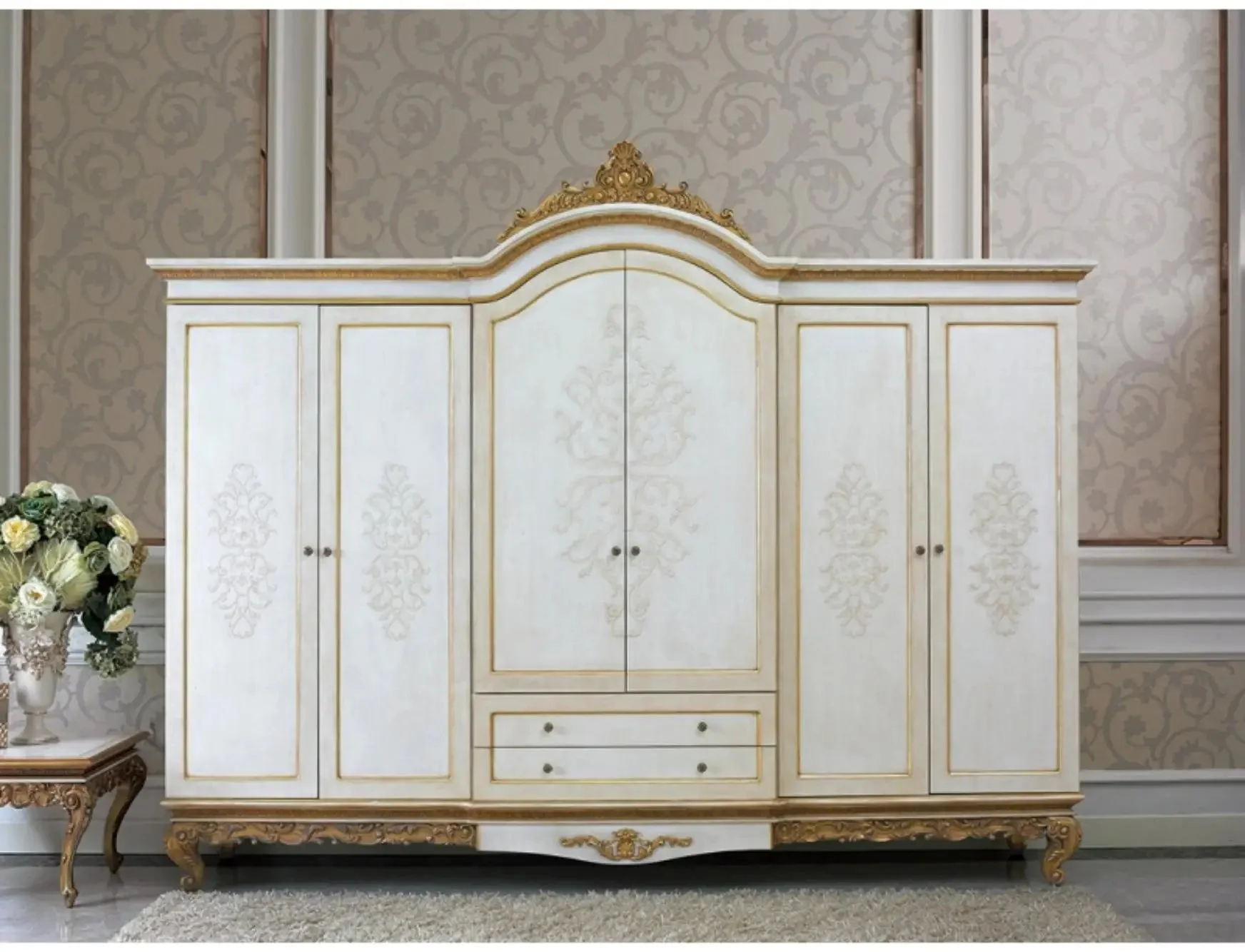 European-style Luxury Heavy Industry Carved Beech Wood Master Bedroom Double Bed White Light Purple