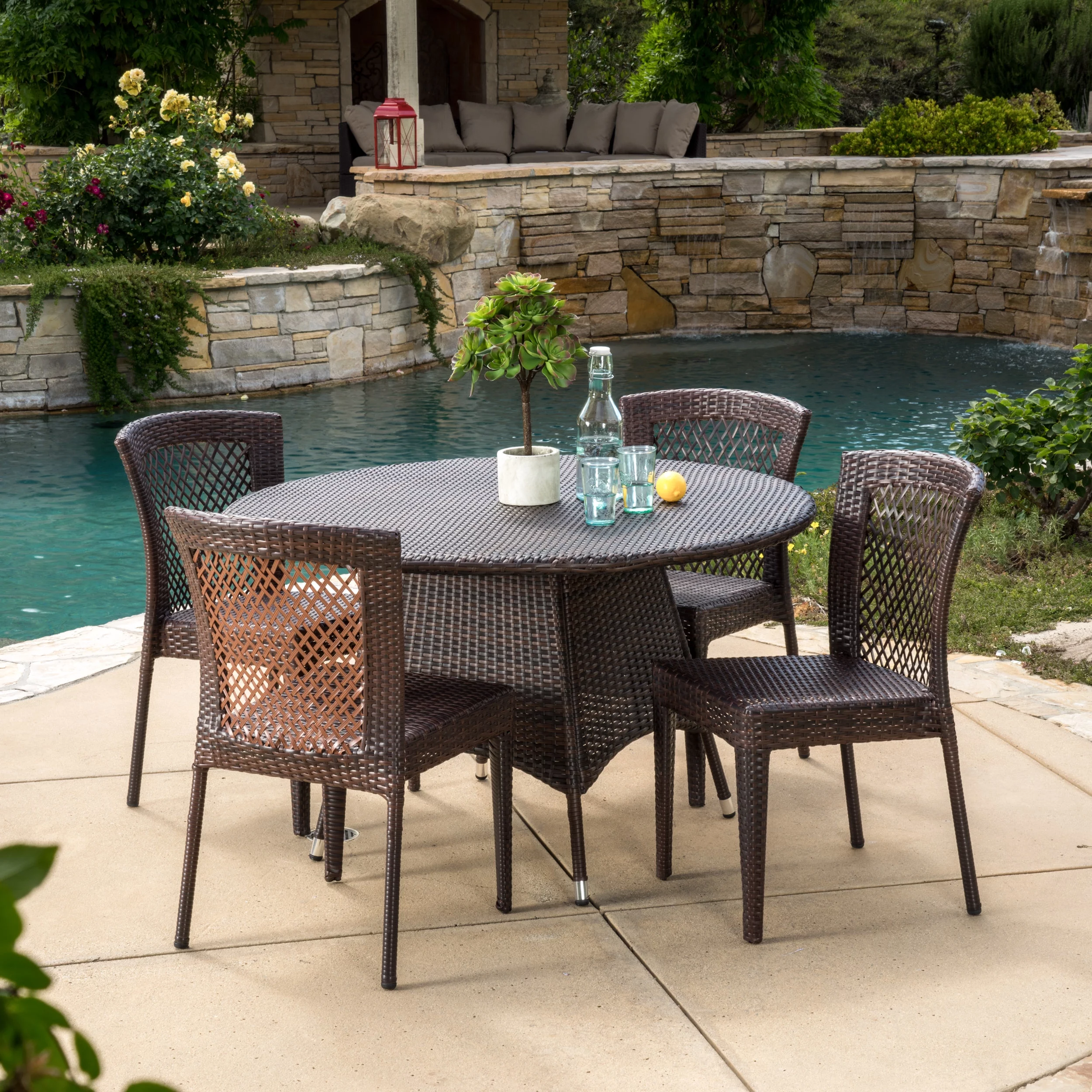 Cisneros 5 Piece Outdoor Round Wicker Dining Set, Multibrown