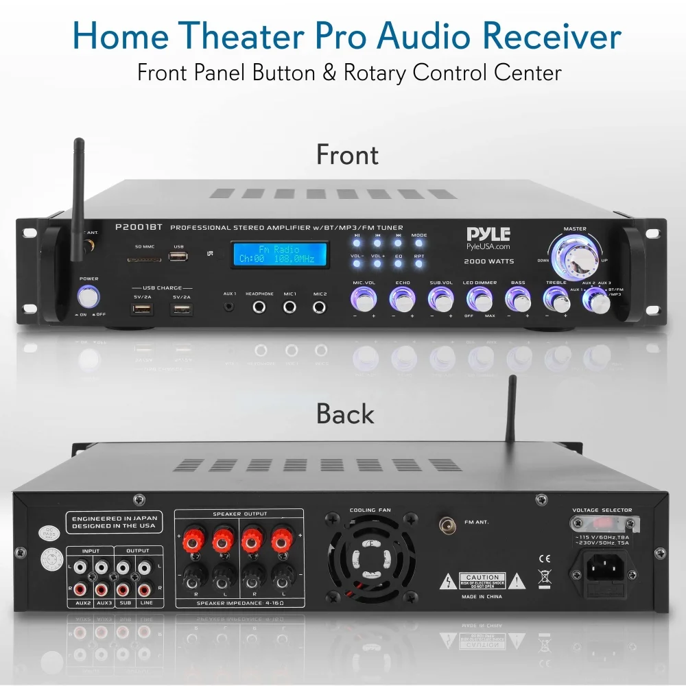 Pyle 2,000 Watt Multi Channel Bluetooth Home Theater Hybrid Amplifier Receiver