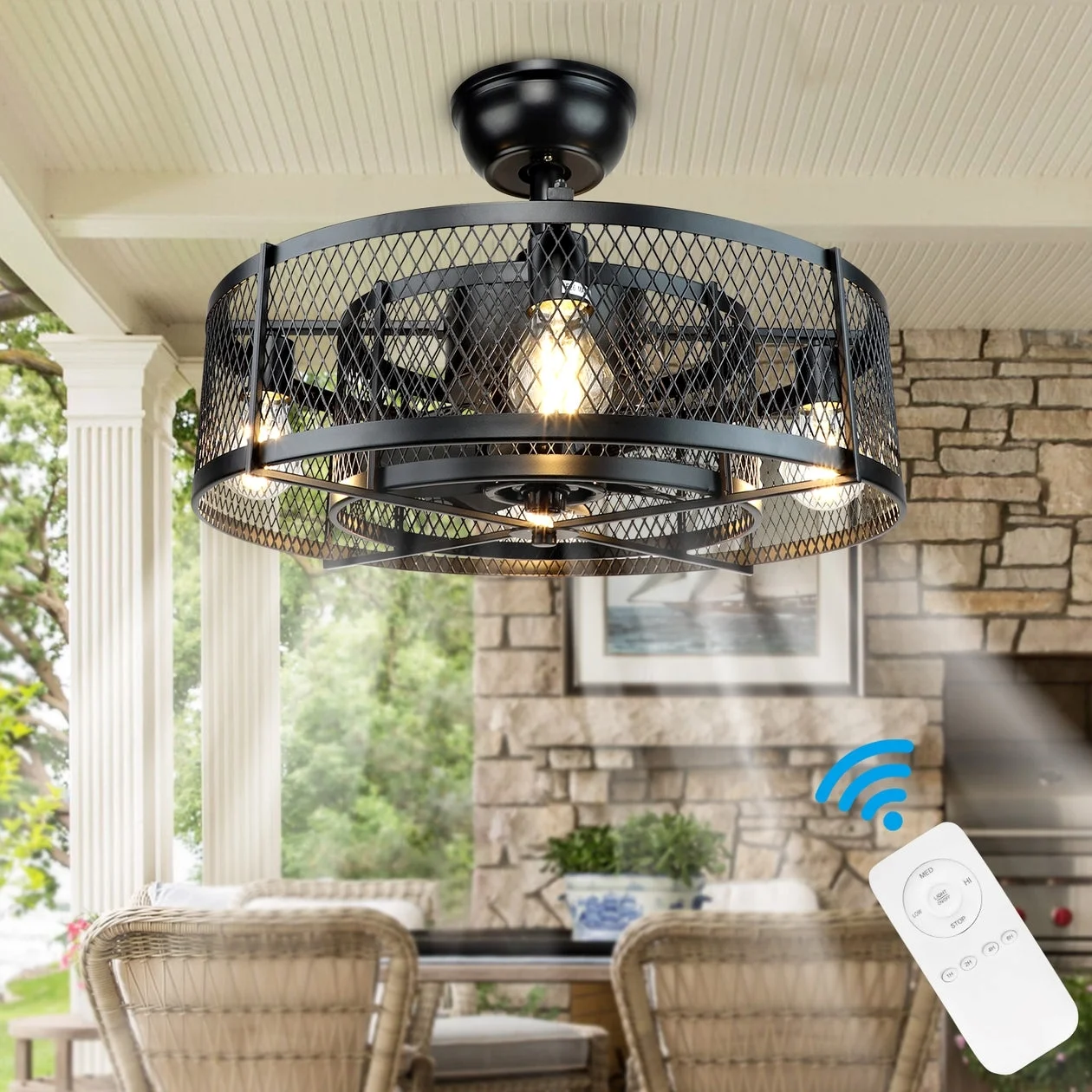 4-Light Matte Black Metal Caged Farmhouse Remote Ceiling Fan Light, Industrial Vintage Chandelier Fa