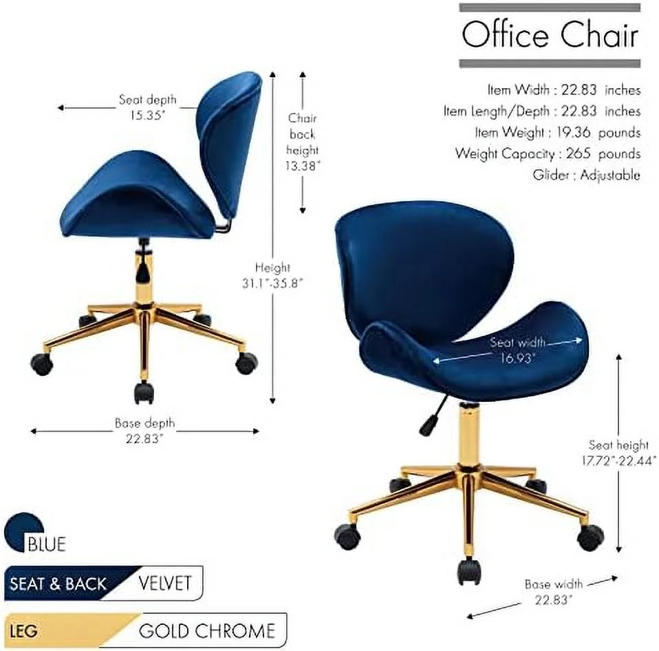 Porthos  Tyas Swivel Office Chair  Luxurious Velvet Upholstery  Curved Back  Height Adjustable Gaslift Seat and Stylish Gold Chrome Base  Armless Design for Small Office and  Studio