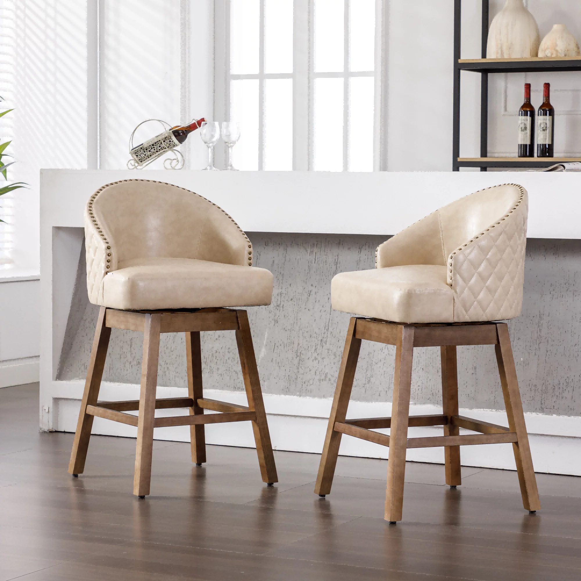 Upholstered Bar Stools, Counter Height 360 Degree Swivel Bar Stool Chairs with Solid Wood Legs Kitchen Island Padded Barstools with Nailhead Trim and Footrest(Apricot PU,Set of 2)