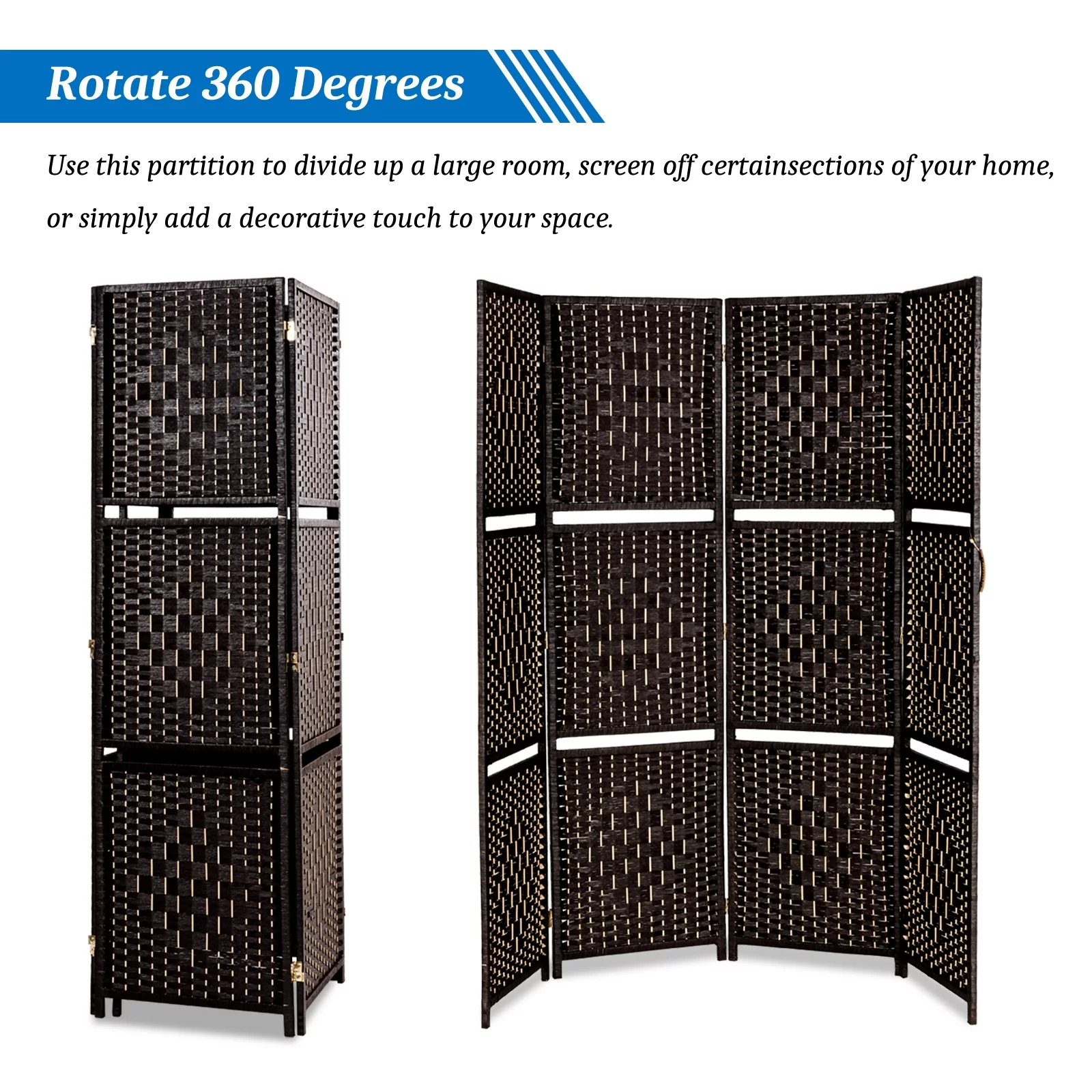 Bonnlo 6ft Tall Rattan Room Divider Folding Privacy Screen with 2 Display Shelves (4 Panels)